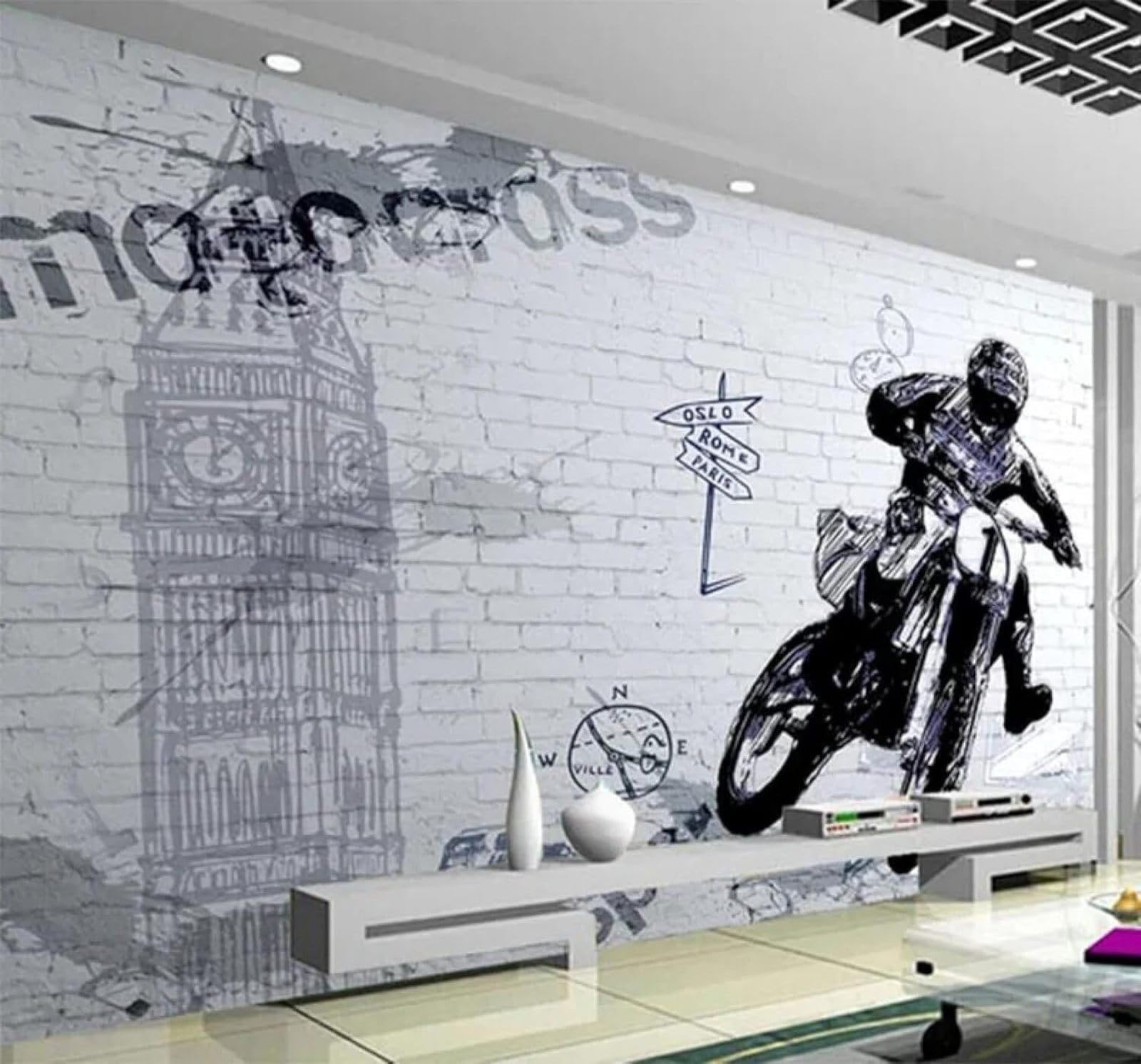 XLMING Retro Brick Wall Graffiti Motorbike Architecture 3D Wallpaper Luxury Home Dining Decor Paste Sofa Living Room The Wall for Bedroom Mural-350cm×256cm