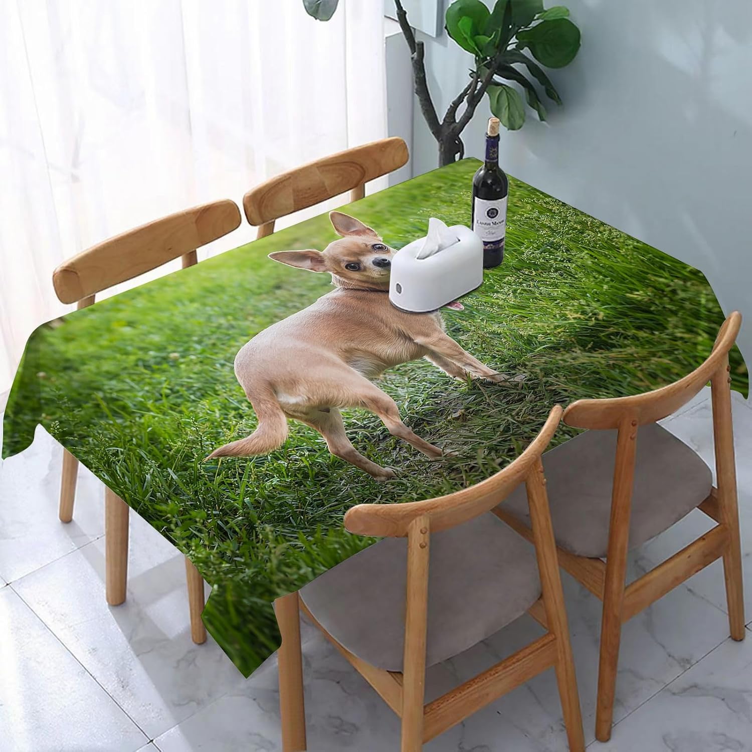 Tovaglia Cane 300x150 Tovaglia Antimacchia Rettangolare Animale Domestico Tovaglie lavabile Verde Copritavolo in Poliestere Impermeabile per Cucina Feste A-7296