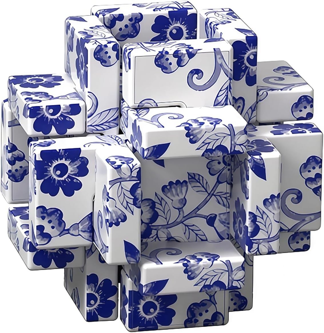 Chinese Porcelain Blue Floral Pattern Kongming Lock,Traditional 3D Brain Teaser Puzzles, Brain Teasers for Kids 8-12 and Adults, Desk Fidget,Educational Toys (Middle Character)