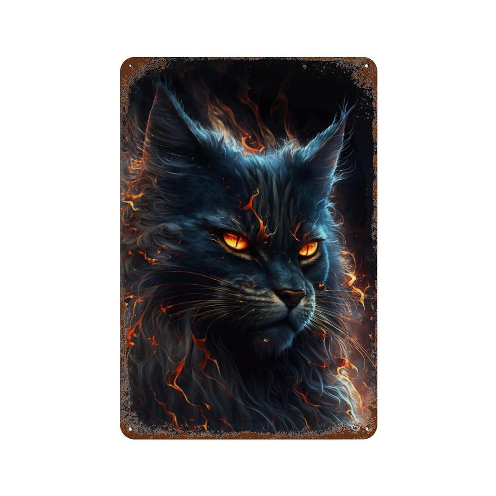 Garage Style Flaming Cat Fantasy Artwork Rust Effect Tin Sign 11.8"x7.9", Shabby Chic Decor for Bar And Workshop