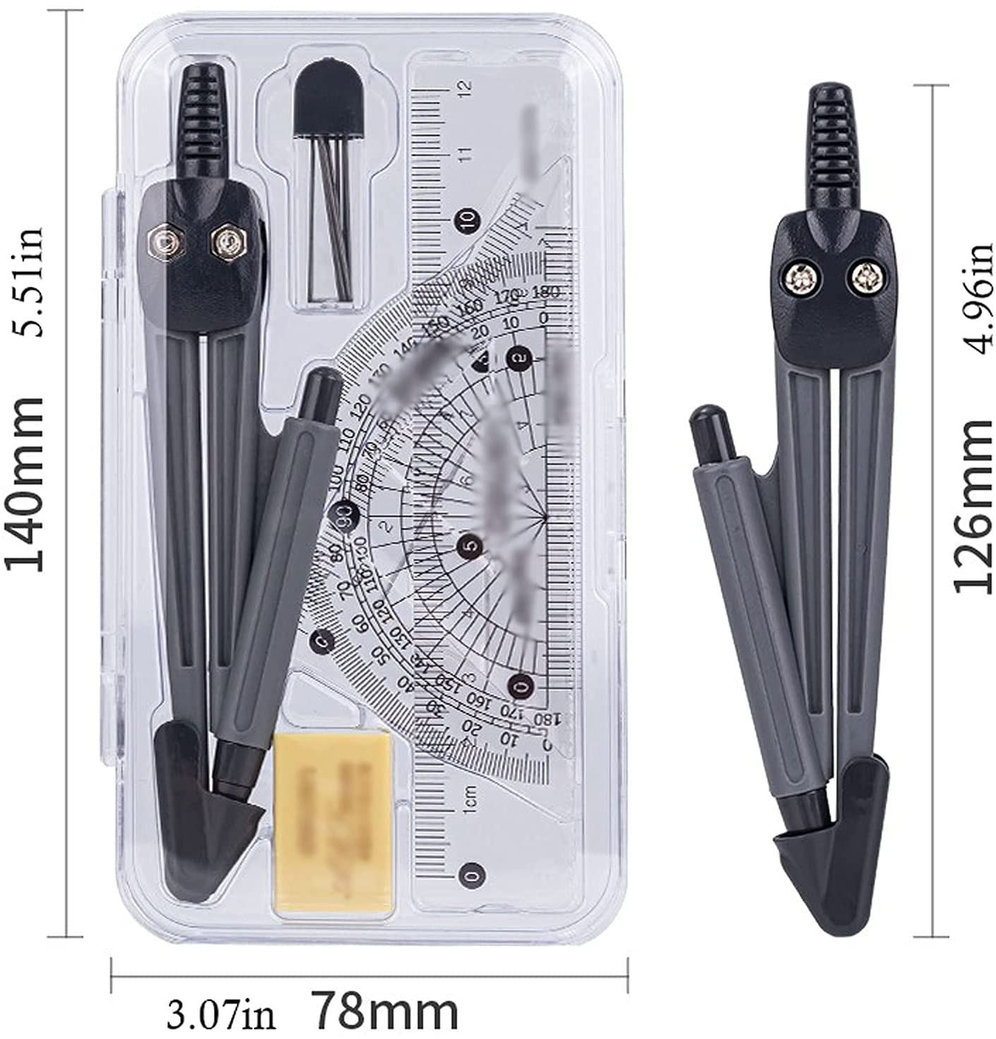 AKAZI Mathematik-Kompass 7-teiliges Geometrie-Set mit Kompass-Winkel, Lineal, Winkelmesser, Bleistift, Radiergummi, Nachfüllmine für Schüler, Kompass für Geometrie