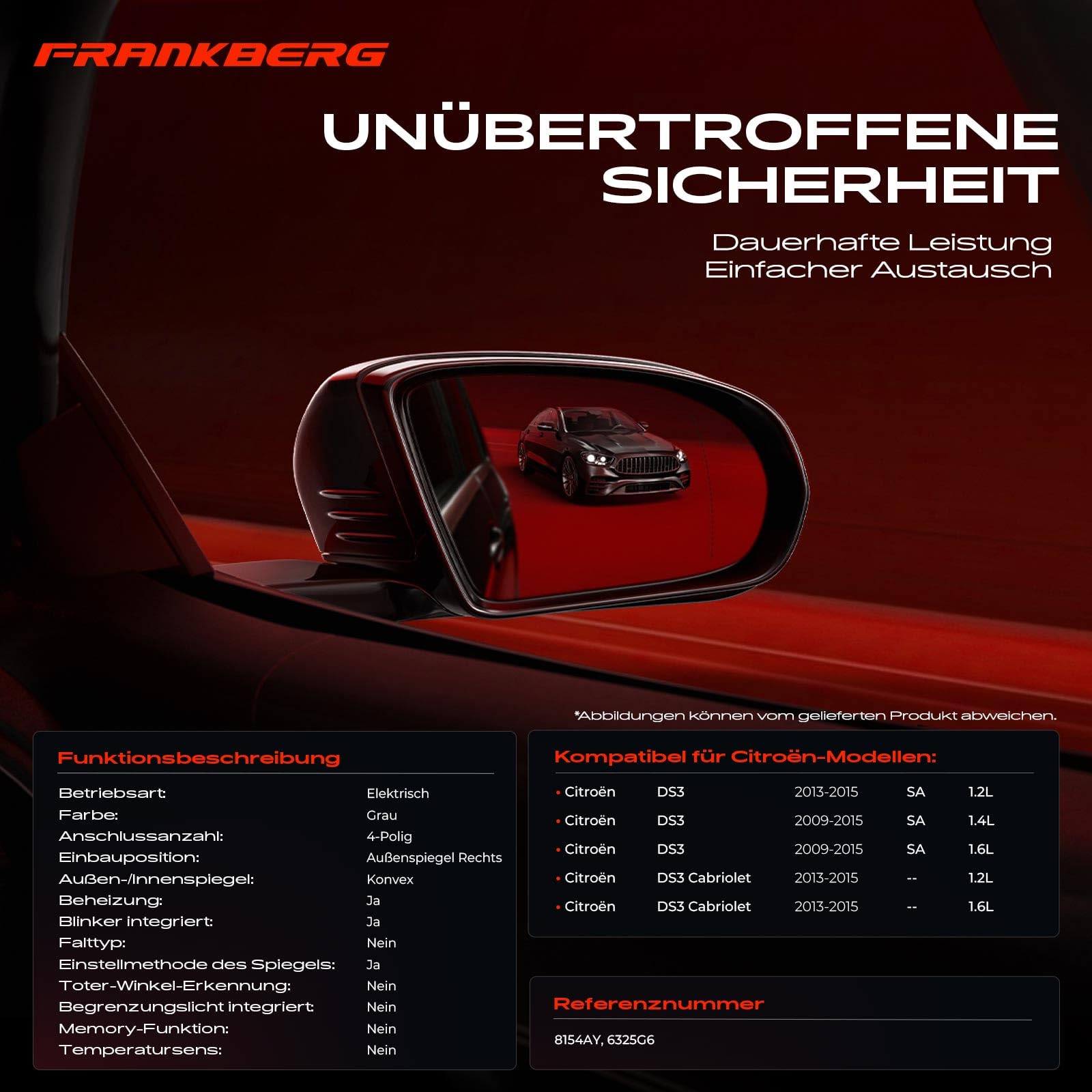 Frankberg Specchio Specchietto Retrovisore Elettrico destra 9-Poli &-Riscaldabile &-Sensore di temperatura &-Luce lampeggiante Compatibile con DS3 SA (09-15) DS3 Cabriolet (13-15)