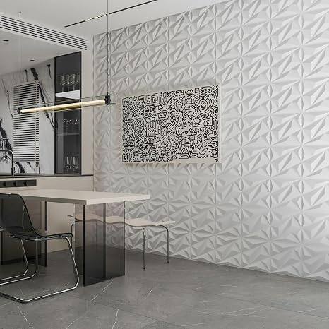 Art3dwallpanels PVC 3D Wall Panel Diamond for Interior Wall Decor in White, 3D Textured Wall Panels, Pack of 33 Tiles