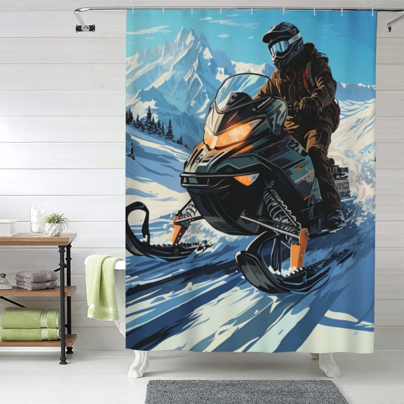 MXZERFKGLA Shower Curtain Set with 12 Hooks Waterproof Fabric Washable Curtain Modern Farmhouse Bath Curtains Snowmobile Shower Curtains for Bathroom Bathtub Decoration 60x72 Inches