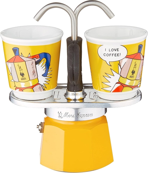 Bialetti Mini Express: желтая кофеварка + 2 чашки