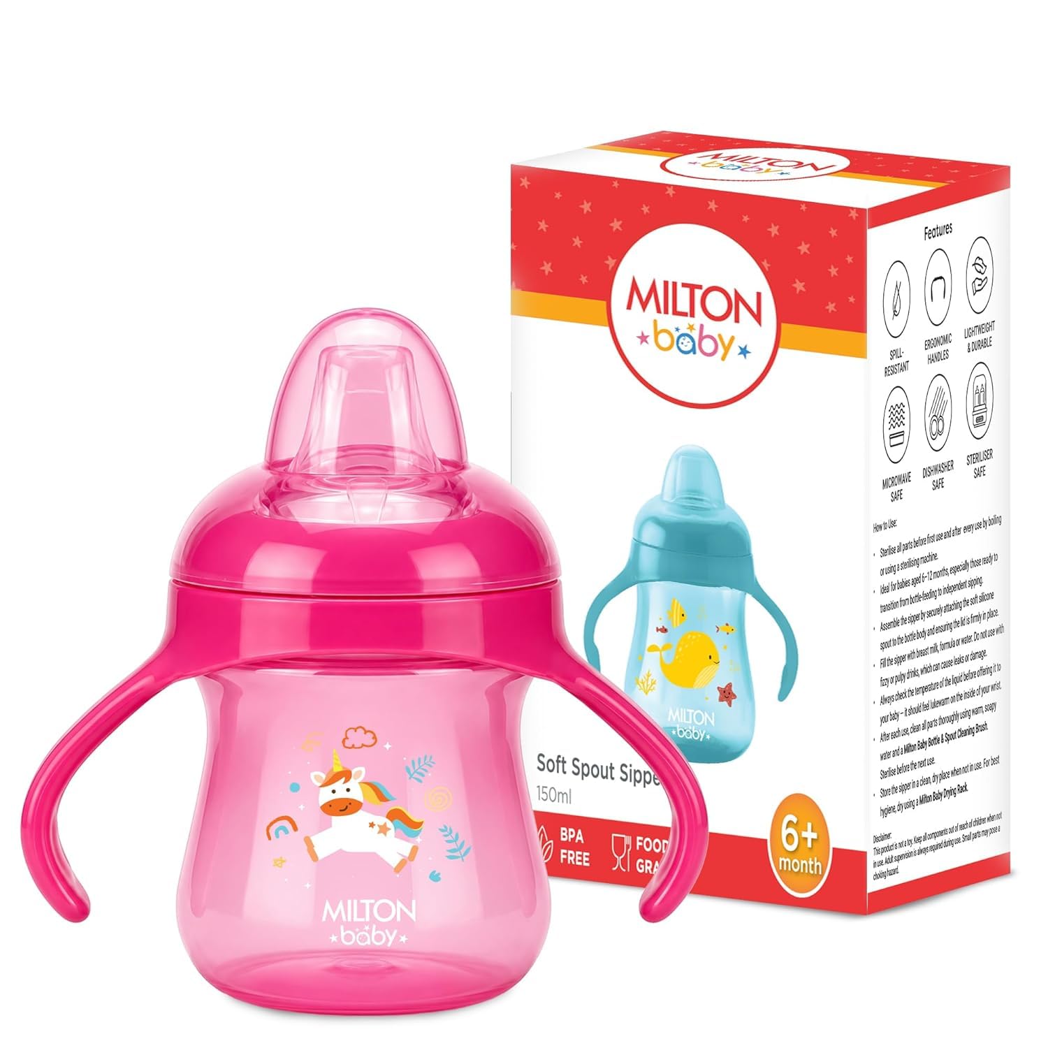 MILTON baby Soft Silicone Spout Sipper Water Bottle for Kids I 100% Food Grade I BPA Free I Spill Resistant I with Capacity Marking I Ergonomic Handle I Sterilizer Safe Sippy Cups I 150 ml I Pink-picture-36