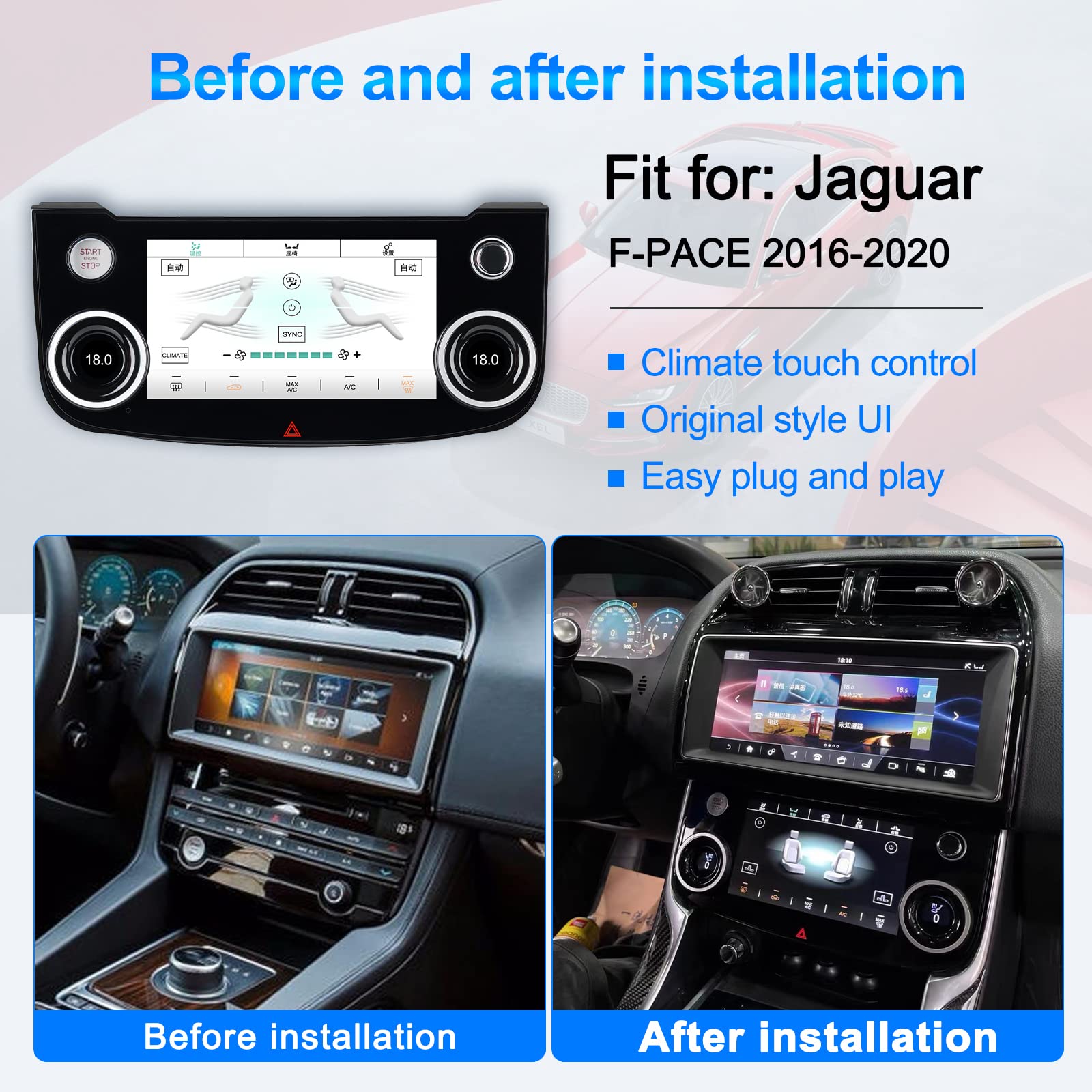 Scheda di Controllo Aria Condizionata Auto per Jaguar F-PACE/XE/XEF/XF/XFL 2015-2020 Android A/C Display LCD HD con Grandi Manopole, Doppio Pulsante Flash, Regolazione Clima