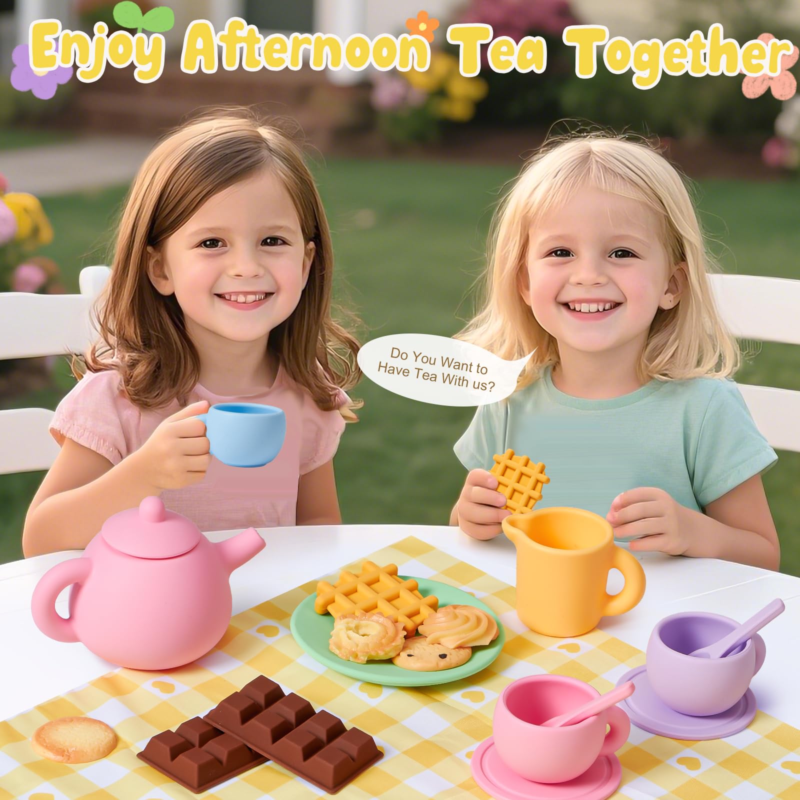 G.C Silikon Teeservice Kinder Spielzeug Kinderküche Zubehör mit Teekanne, Tassen, Teller, Löffel, Süßen Desserts, Teeparty Rollenspiele, Küchenspiele, Geschenke für Mädchen Jungen 3 4 5 6 7+ Jahre