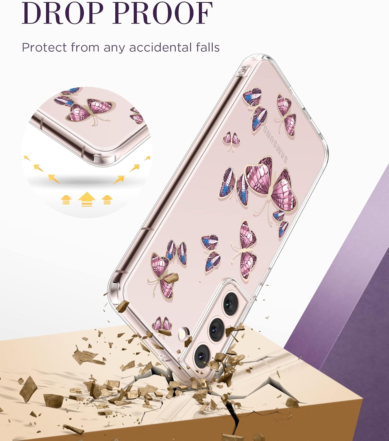 GVIEWIN 【𝟮𝟬𝟮𝟮 𝗡𝗲𝘄】 for Samsung Galaxy S22 Case with Screen Protector+Camera Lens Protector, Floral Slim Clear Shockproof Hard PC+Soft TPU Bumper Protective Cover 6.1" (Colorful Butterfly/Pink)