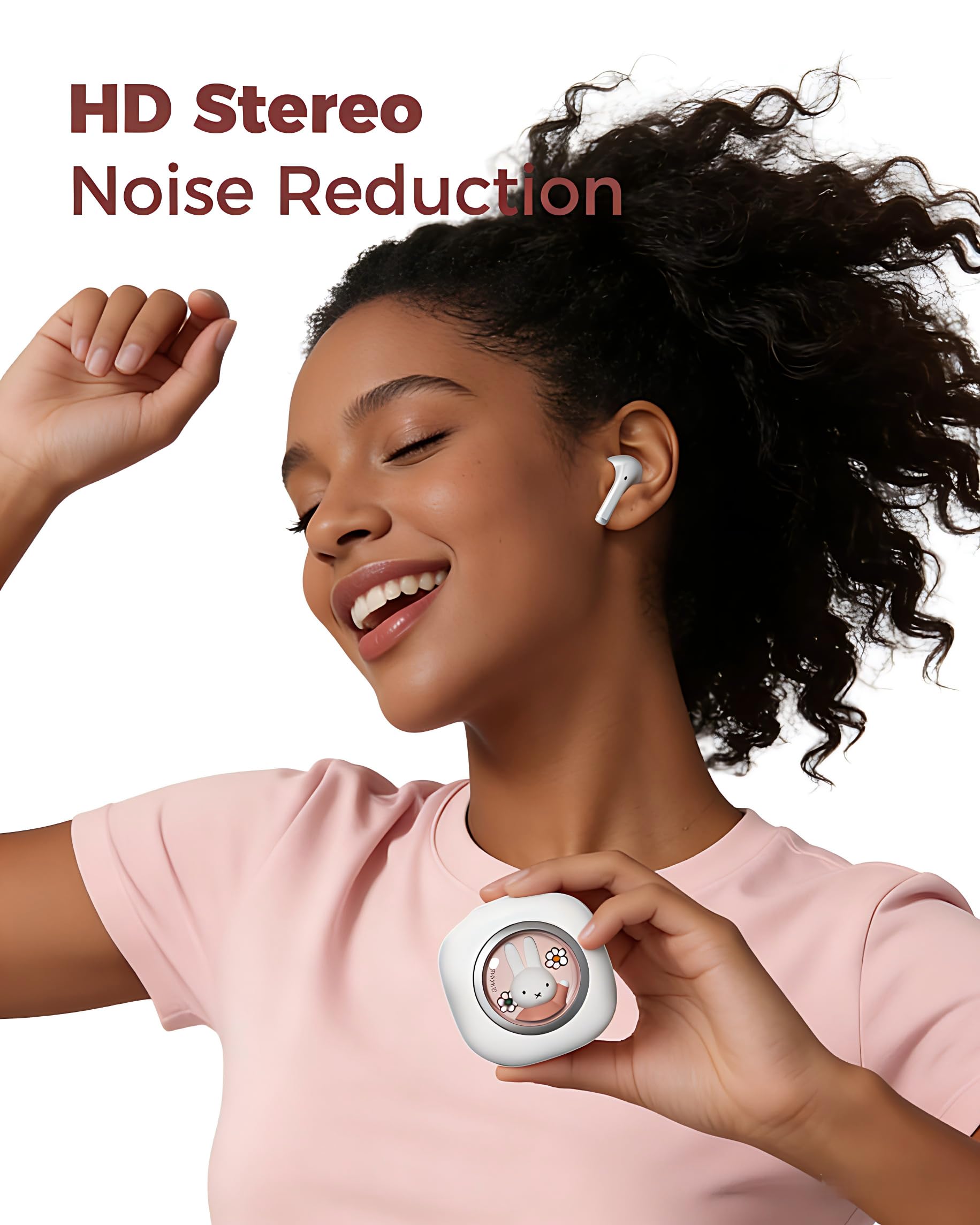 MiPow x Miffy Miffy Earbuds-Pro Bluetooth 5.3, IPX5 Waterproof Sweatproof for Sports, HD Stereo Heavy Bass, Fast Charging 30H Battery Life, Cute 3D Iron Box & Miffy Doll Design (Pink)