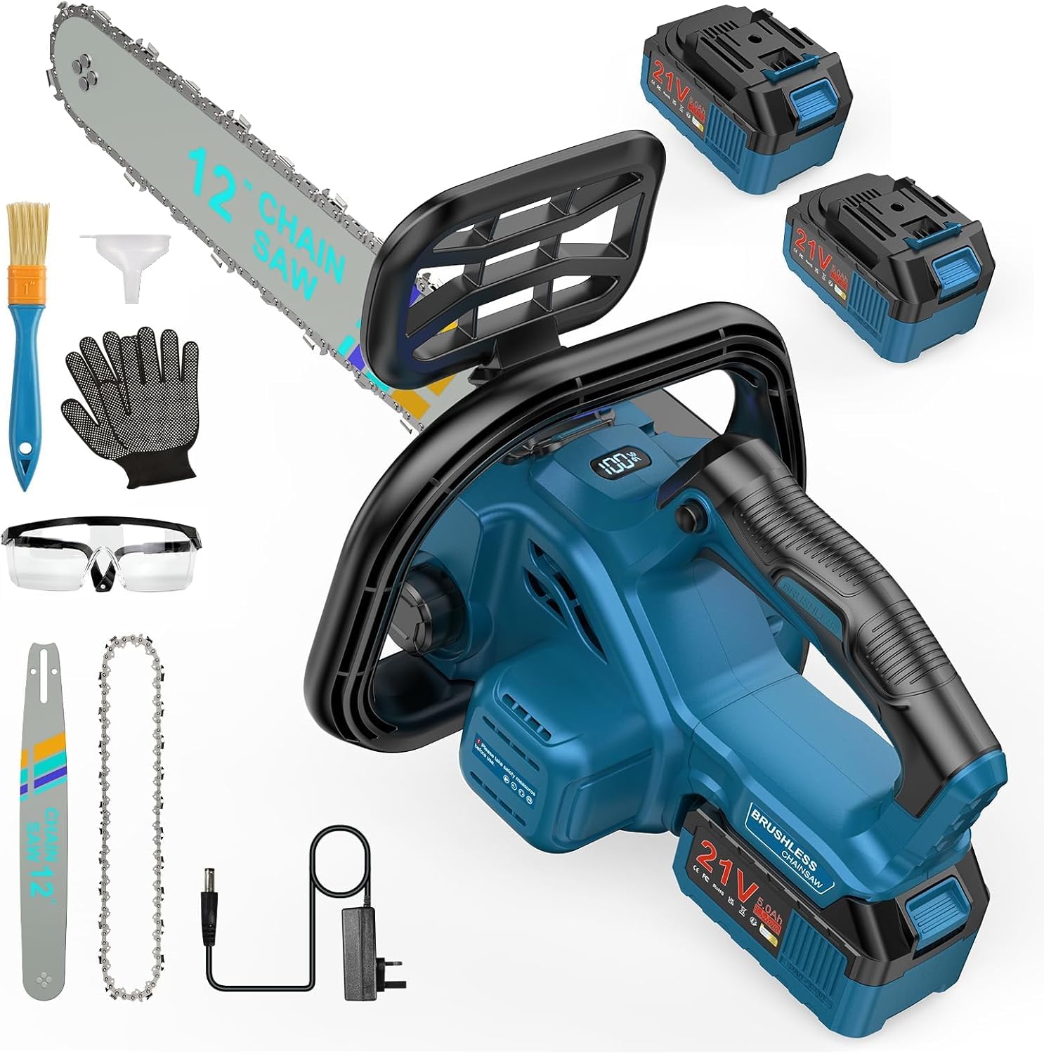 Motosierra sin escobillas de 12 pulgadas compatible con baterías Makita, sierra de jardín eléctrica inalámbrica con 2 baterías de 5Ah y cargador, lubricación automática, para jardín y corte de madera