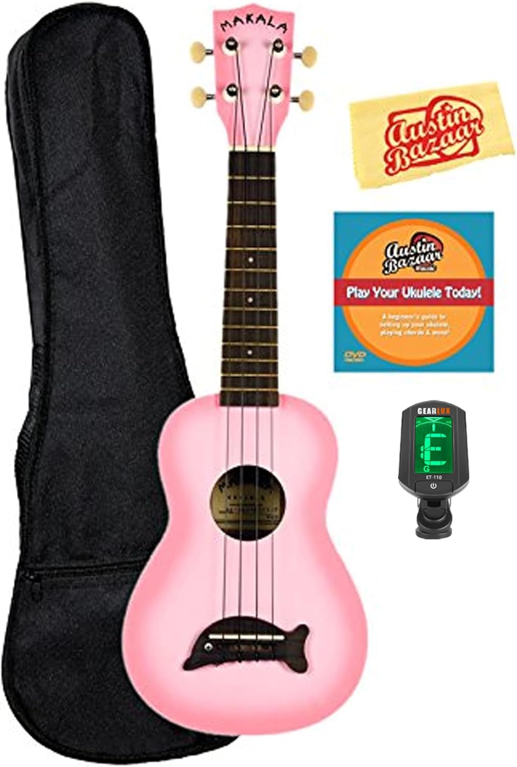 Kala MK-SD-PKBURST Makala Dolphin Soprano Ukulele - Pink Burst Bundle with Gig Bag, Tuner, Austin Bazaar Instructional DVD, and Polishing Cloth