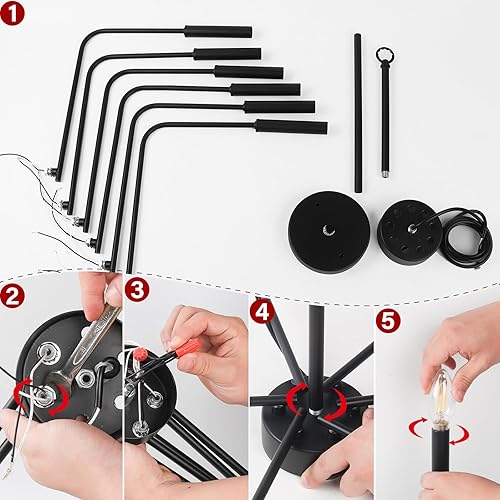 Miniatura 5 de MQKIWAO Candelabro de granja de 6 luces, iluminación industrial negra colgante de techo, iluminación colgante rústica de altura ajustable con base