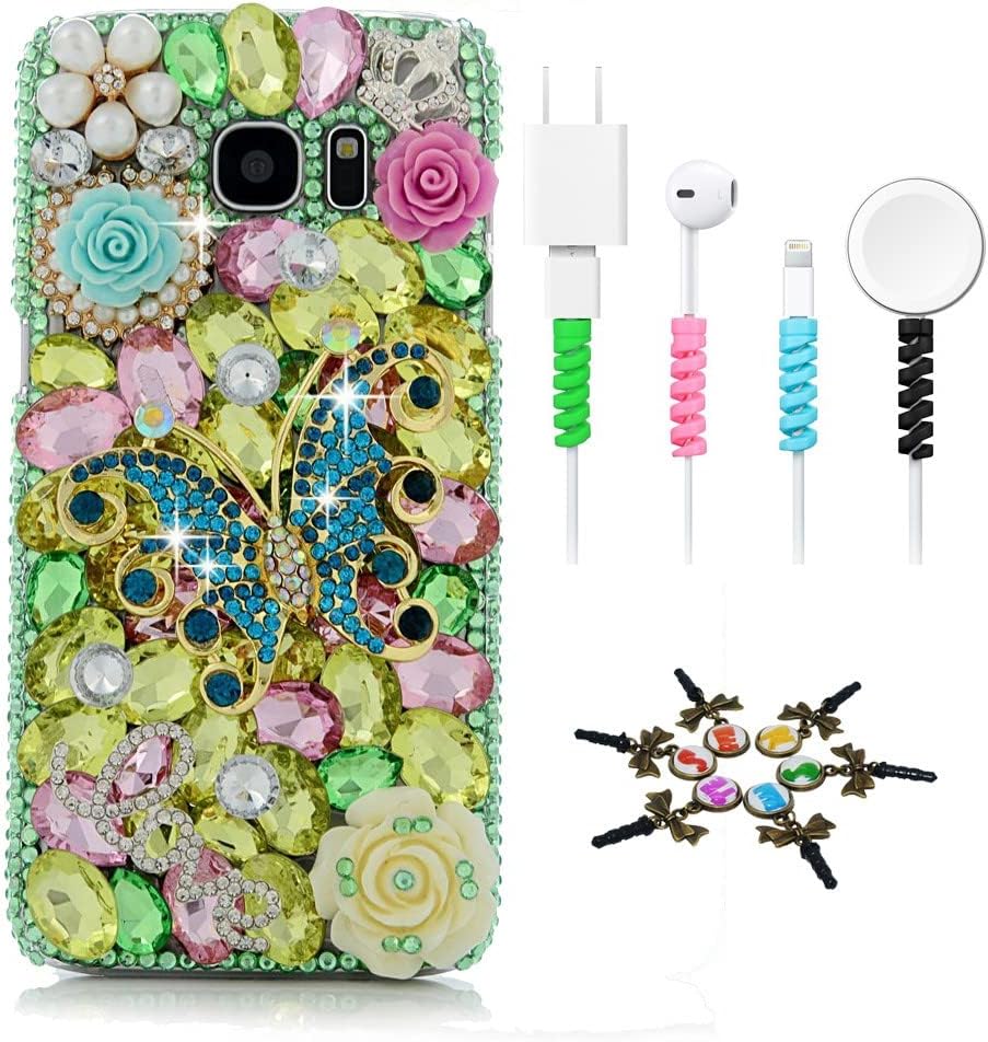 STENES Sparkle Case Compatible with Samsung Galaxy S8 Active - Stylish - 3D Handmade Rainbow Butterfly Pearl Pendant Flowers Design Cover Case with Cable Protector [4 Pack] - Colorful