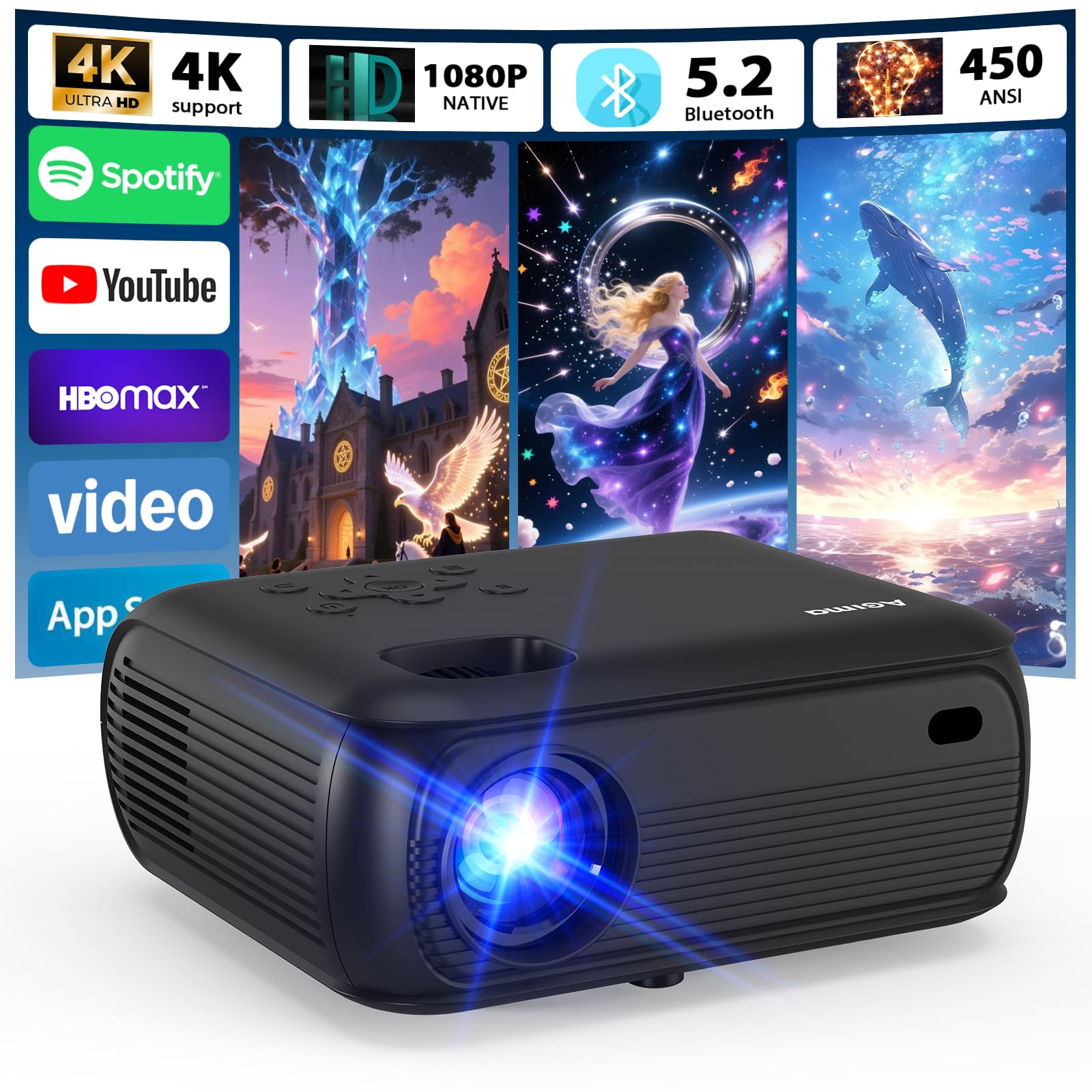 4K Proyector 1080P Nativo 2025 Proyector Portátil con Smart TV OS Apps integradas, 450ANSI Alto Brillo, WiFi 6, Bluetooth 5.2 proyector Compatible con TV Stick/Smartphone/HDMI, Negro