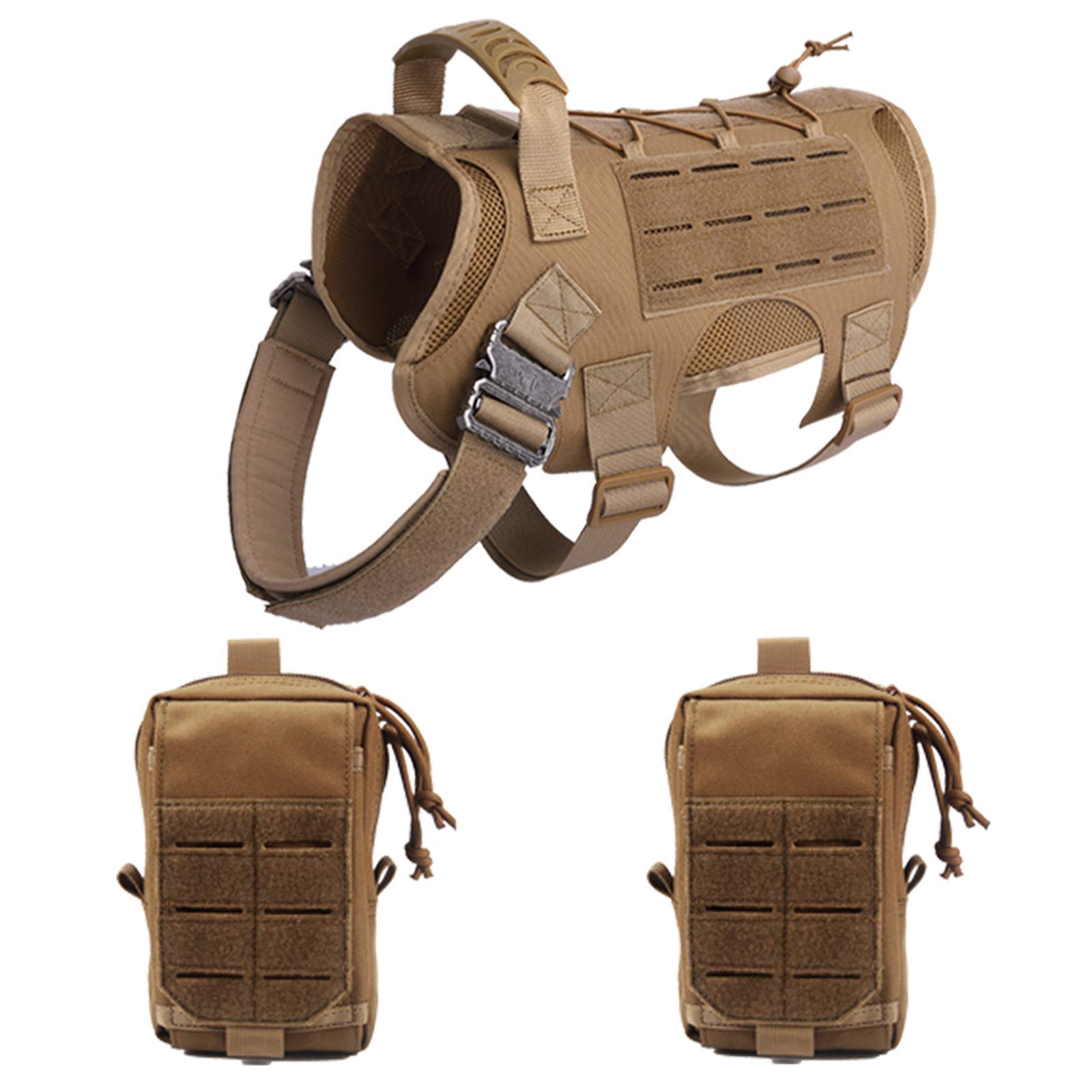 Arnés Perros Chaleco Táctico, Entrenamiento De Trabajo Molle Chaleco,MOLLE Compacta Arnés Nailon Bolsas Chaleco Abrigo para Mascota Senderismo, Caminar con Asa Y 2 Bolsos Desmontables,Marrón,L