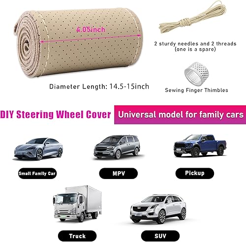 Miniatura 2 de Funda de cuero genuino para volante, protector transpirable antideslizante para volante de automóvil de diámetro máximo de 15 pulgadas, costura DIY