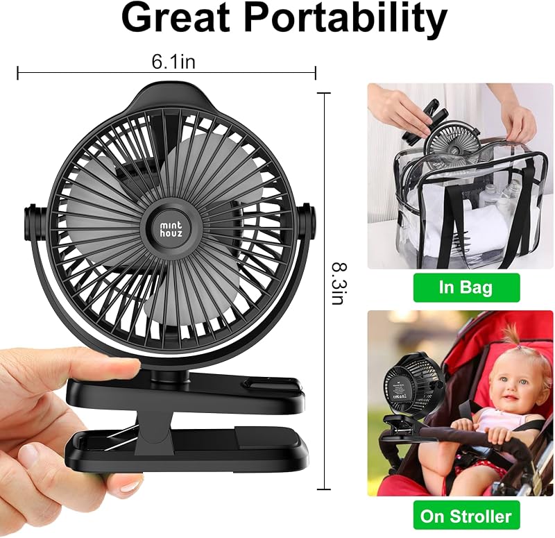Minthouz Klippes Ventilátor USB 8000mAh, 5 Fokozat, Hordozható Mini Ventilátor Kempinghez
