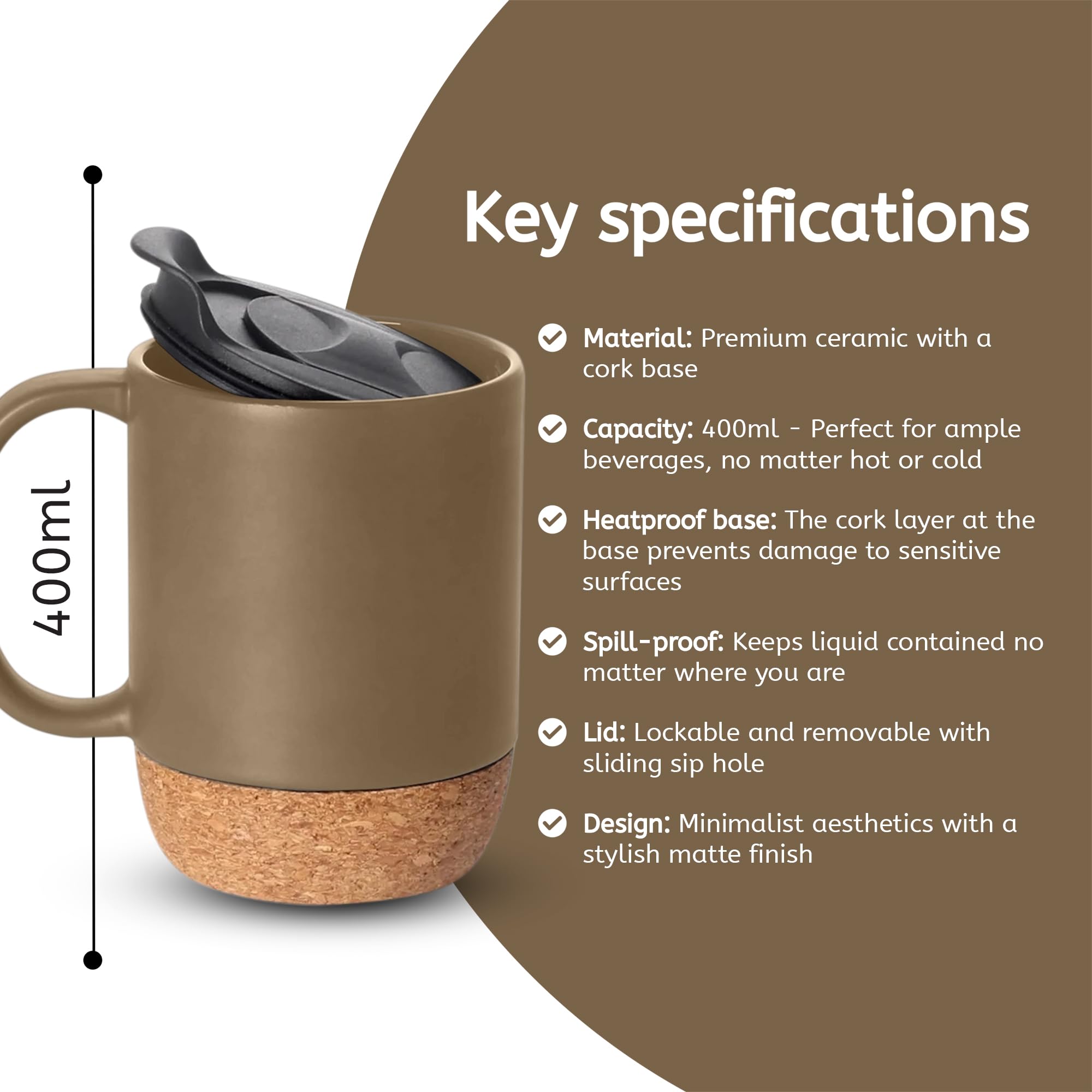 Reusable Ceramic Travel Mug with Handle and Lockable Lid & Heat Proof Cork Base, Spill & Leak Proof, Refrigerator Safe - Image 4
