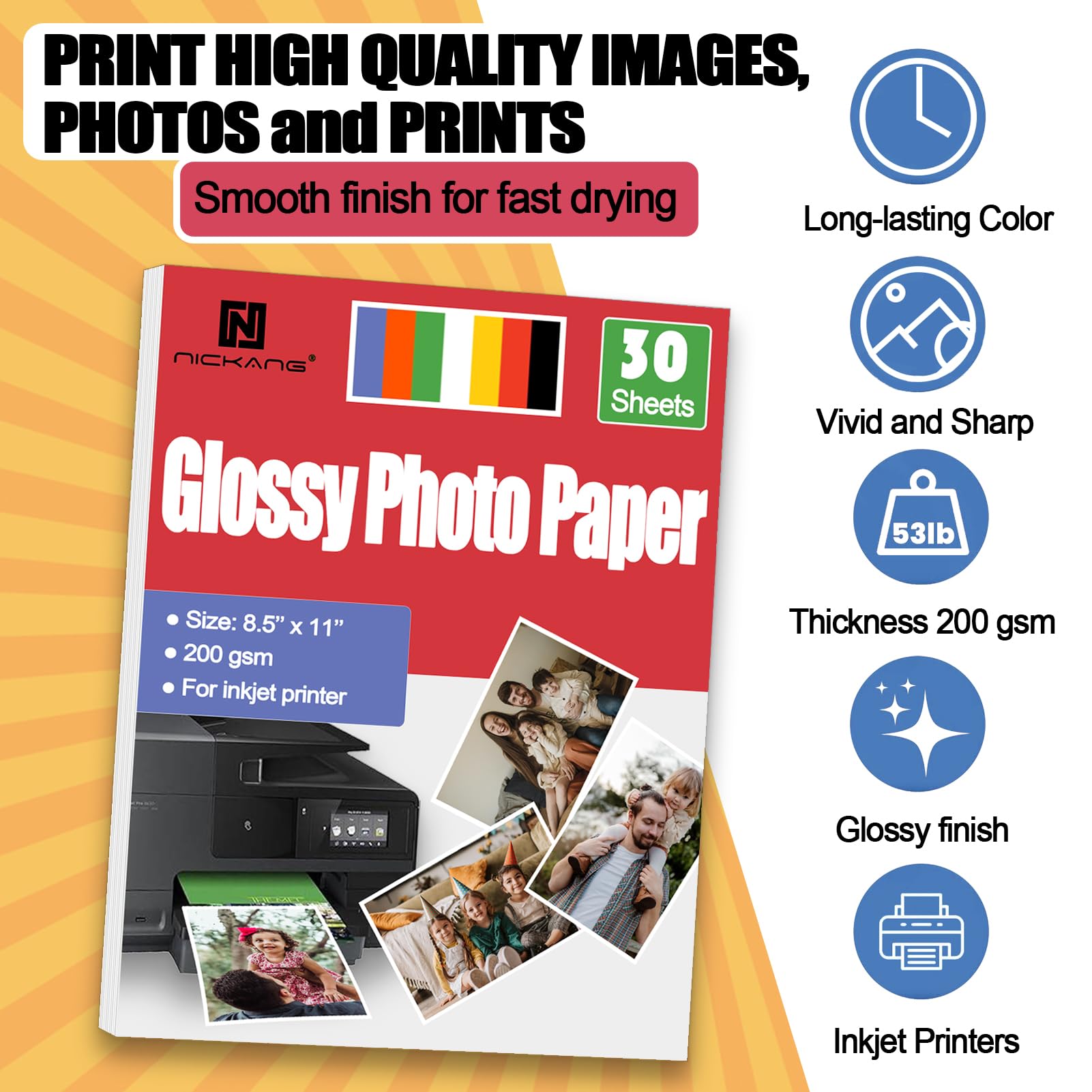 Papel fotográfico brillante de 8.5 x 11, 200 g/m², 30 hojas, tamaño carta, papel grueso para impresora, papel fotográfico de inyección de tinta