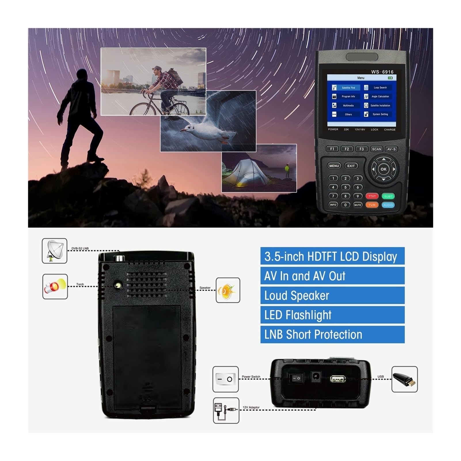 Cercatore satellitare, WS-6916 Misuratore di rilevamento satellitare digitale TV HD del segnale da 3,5 pollici
