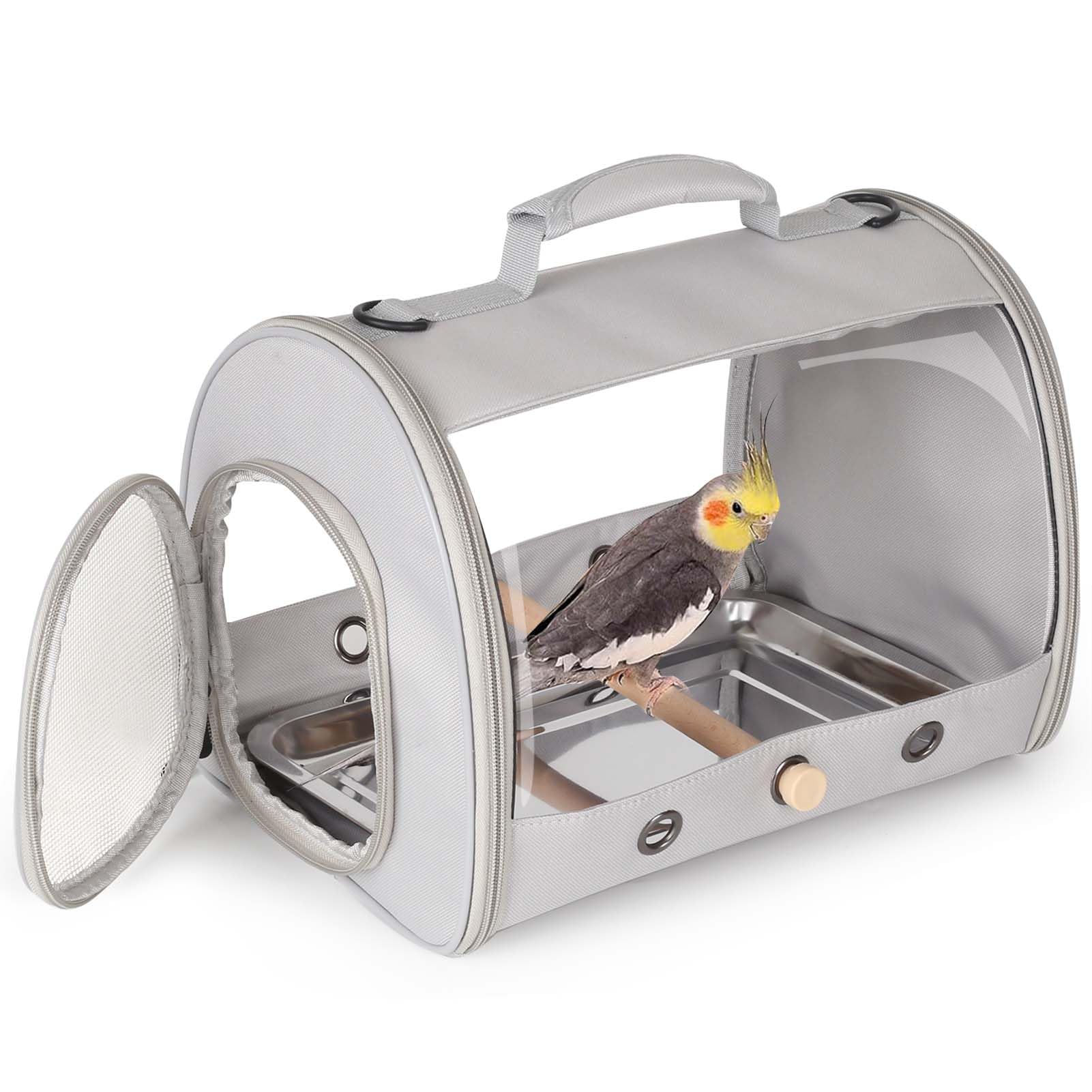 Small Bird Travel Carrier Cage for Long Tail BirdCockatiel Parakeet Parrot, Includes Metal Tray Soft Mat and Wooden Standing Perch, Hands Free Lightweight Clear 2 Windows