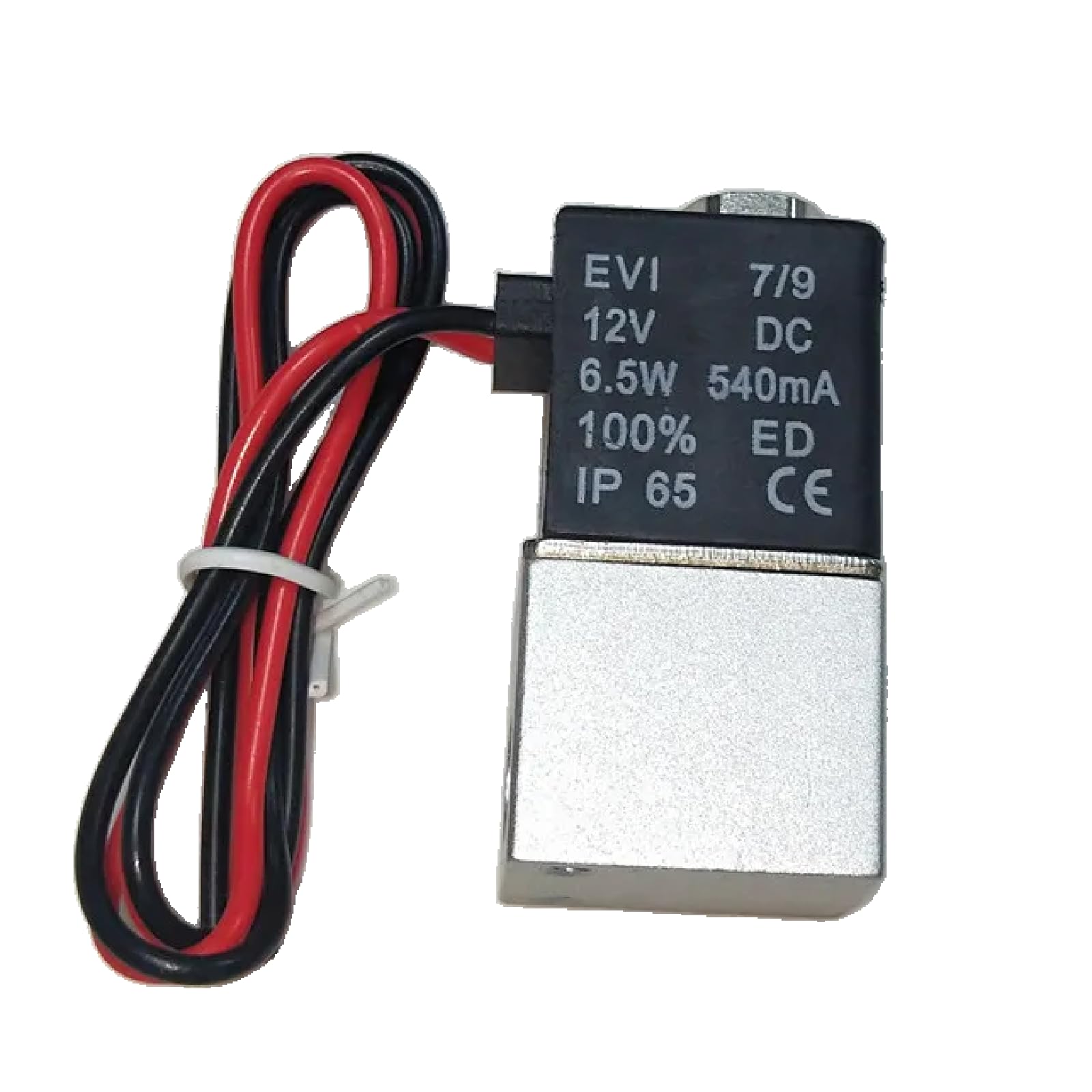 EVI 7/9 Magnetventil, 12 V Gleichstrom, direkt wirkend, 2-Wege normalerweise geschlossen, IP65 bewertet für Wasser-Luftgas, 6,5 W 540 mA, Schwarz mit roter Verkabelung (1/8 Zoll DC 24 V)