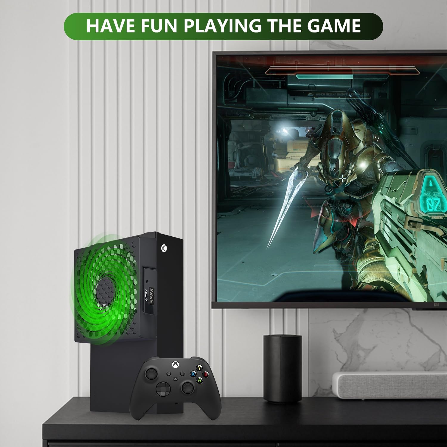 G-STORY Wentylator do Xbox Series S, prędkość wentylatora jest automatycznie regulowana przez temperaturę, dwie temperatury, cichy, 3 prędkości 1500/1750/2000 obr./min (140 mm) z RGB LED, XB821-BLACK