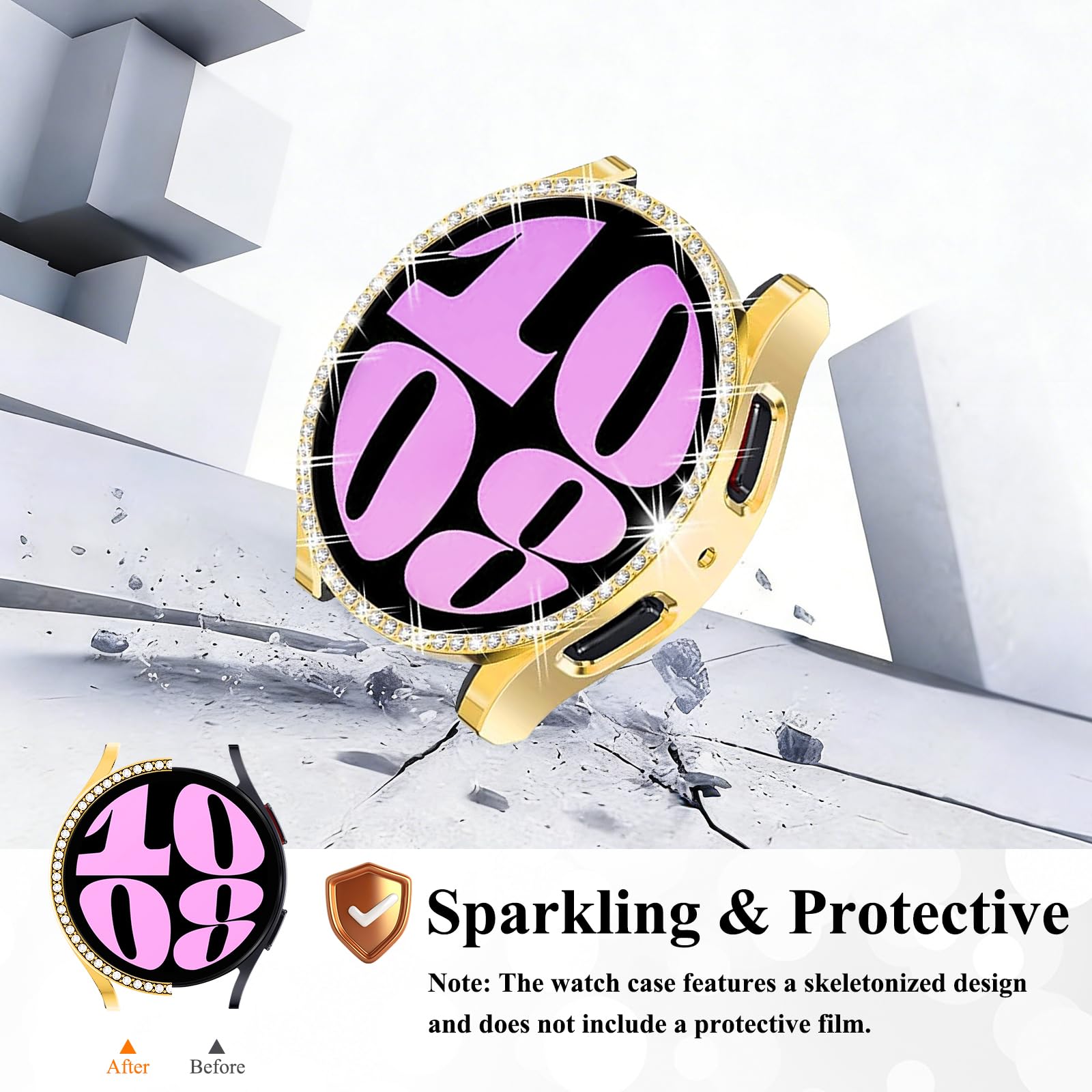 Błyszczący pasek z etui kompatybilny z Samsung Galaxy Watch 6 40 mm 44 mm, 20 mm, damski diamentowy motyl, metalowa bransoletka, pasek ze strasem, z etui ochronnym
