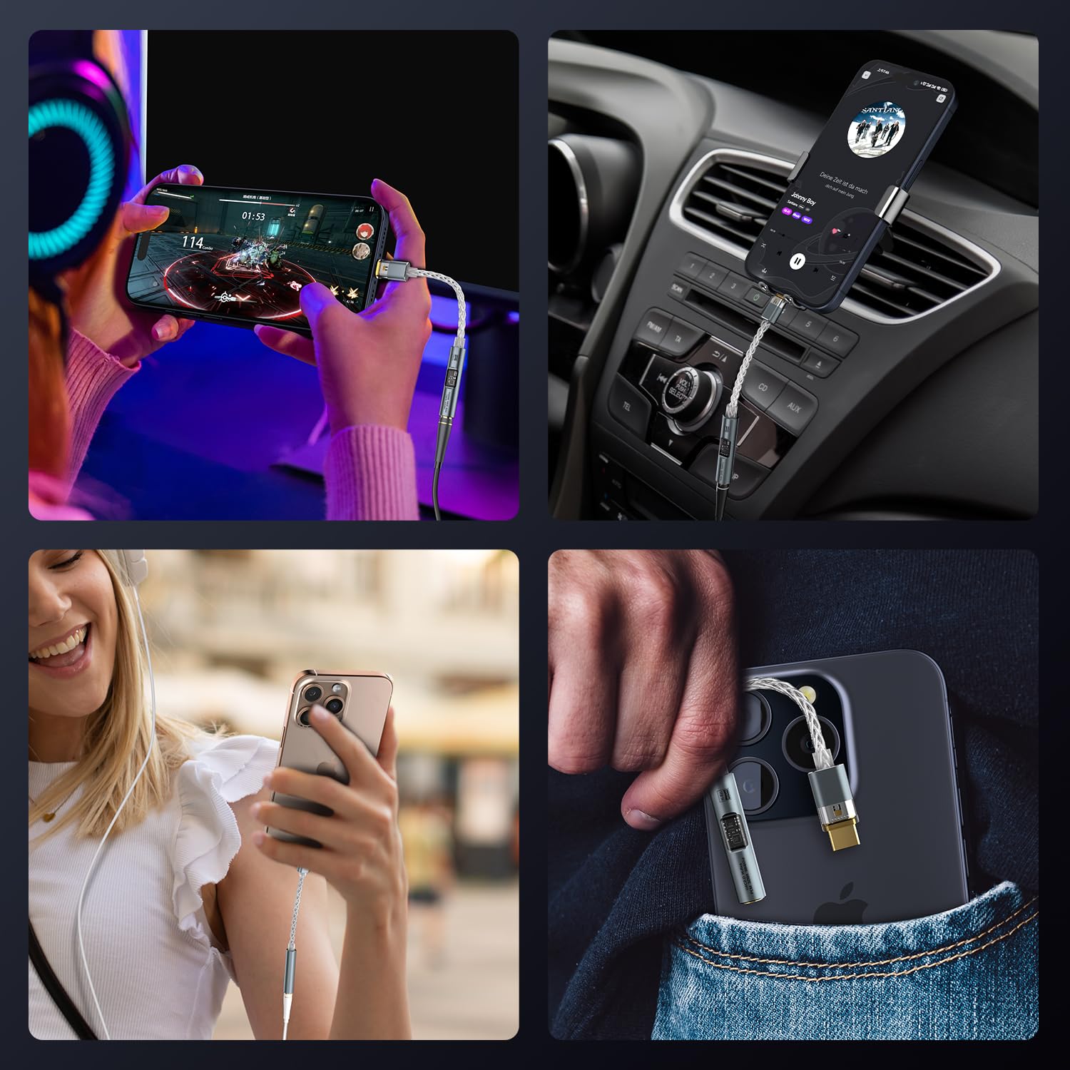 Adaptador de audio USB C a conector de auriculares de 3,5 mm, adaptador DAC de alta resolución con cable chapado en plata de cobre de cristal único 4N de 8 hebras, USB-C a auxiliar con carcasa