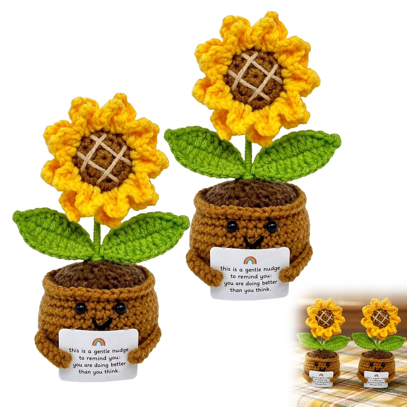 Guttiuaa Sunflower Gifts, 2 Pcs Handmade Crochet Sunflower Doll, Emotional Support Crochet Dolls for Office, Desk, School Decor