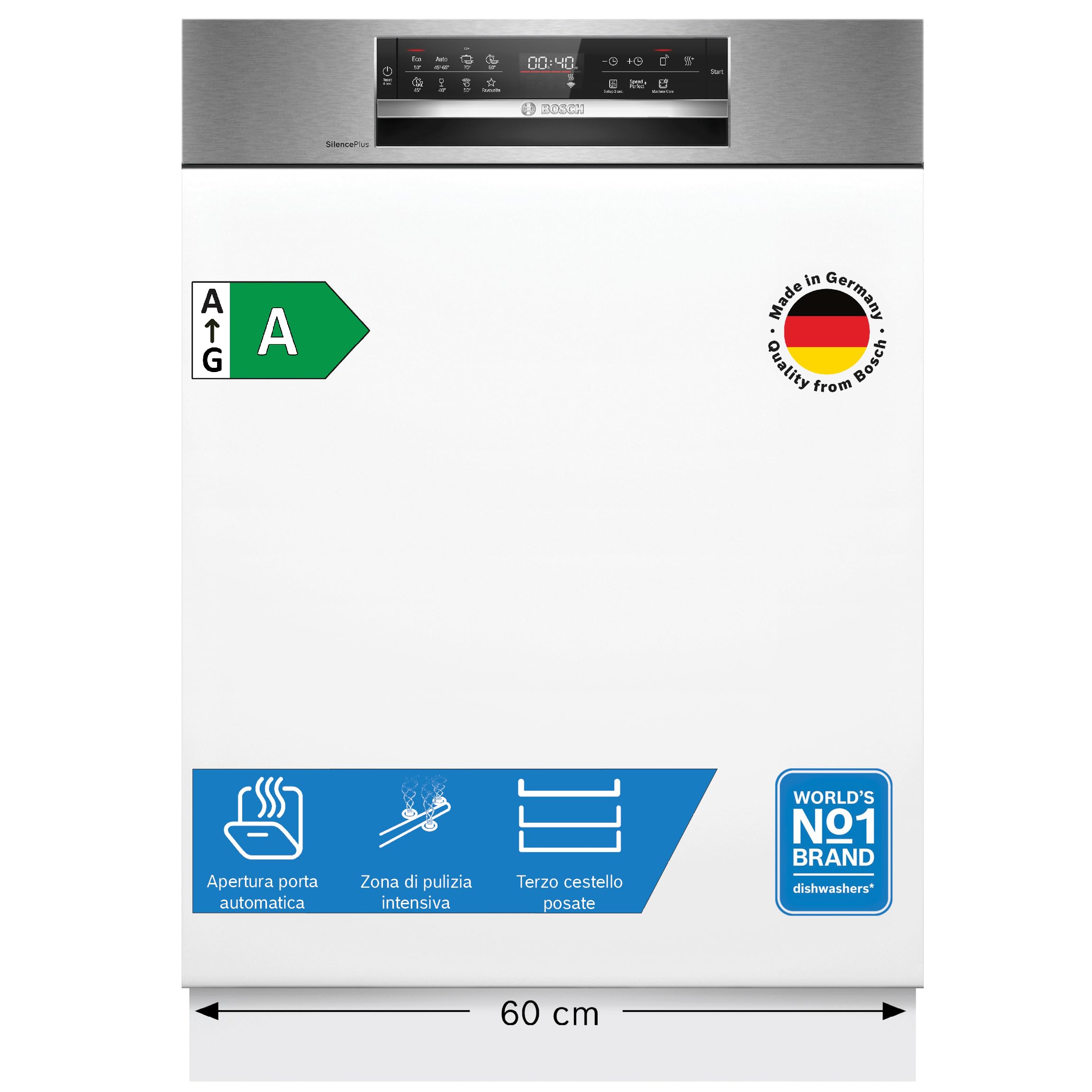 Bosch SMI6ECS12E Serie 6, Lavastoviglie da incasso con frontalino, Cestelli personalizzabili, Terzo cestello posate, Zona di lavaggio intensivo, Motore EcoSilence Drive, Acciaio, 60 cm.