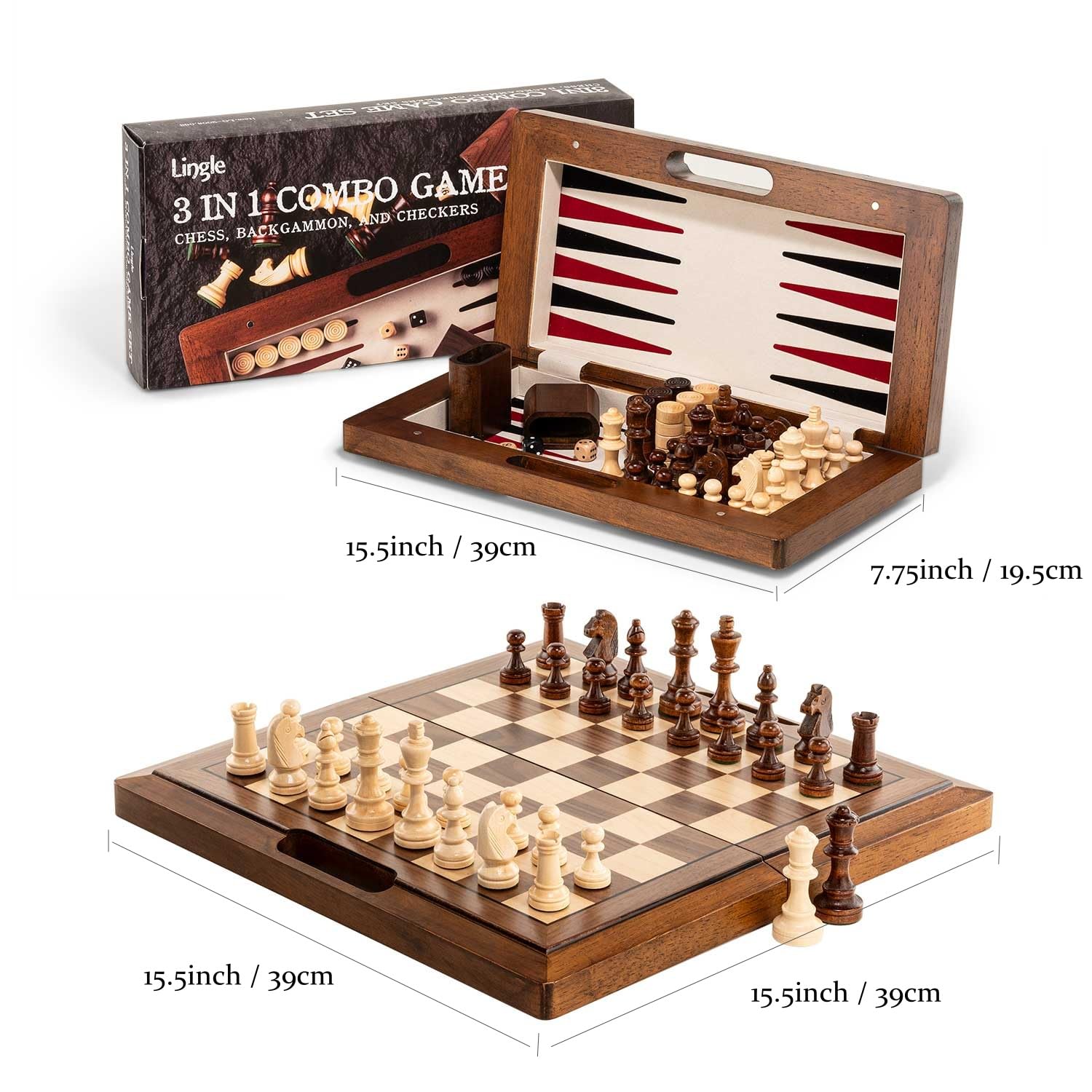 Ensemble de Jeux Lingle 39,37 cm Deluxe en Bois Massif 3-en-1 : Échecs, Backgammon et Dames avec boîte à poignée Creuse, Plateau Pliant pour Le Voyage, adapté aux Adultes