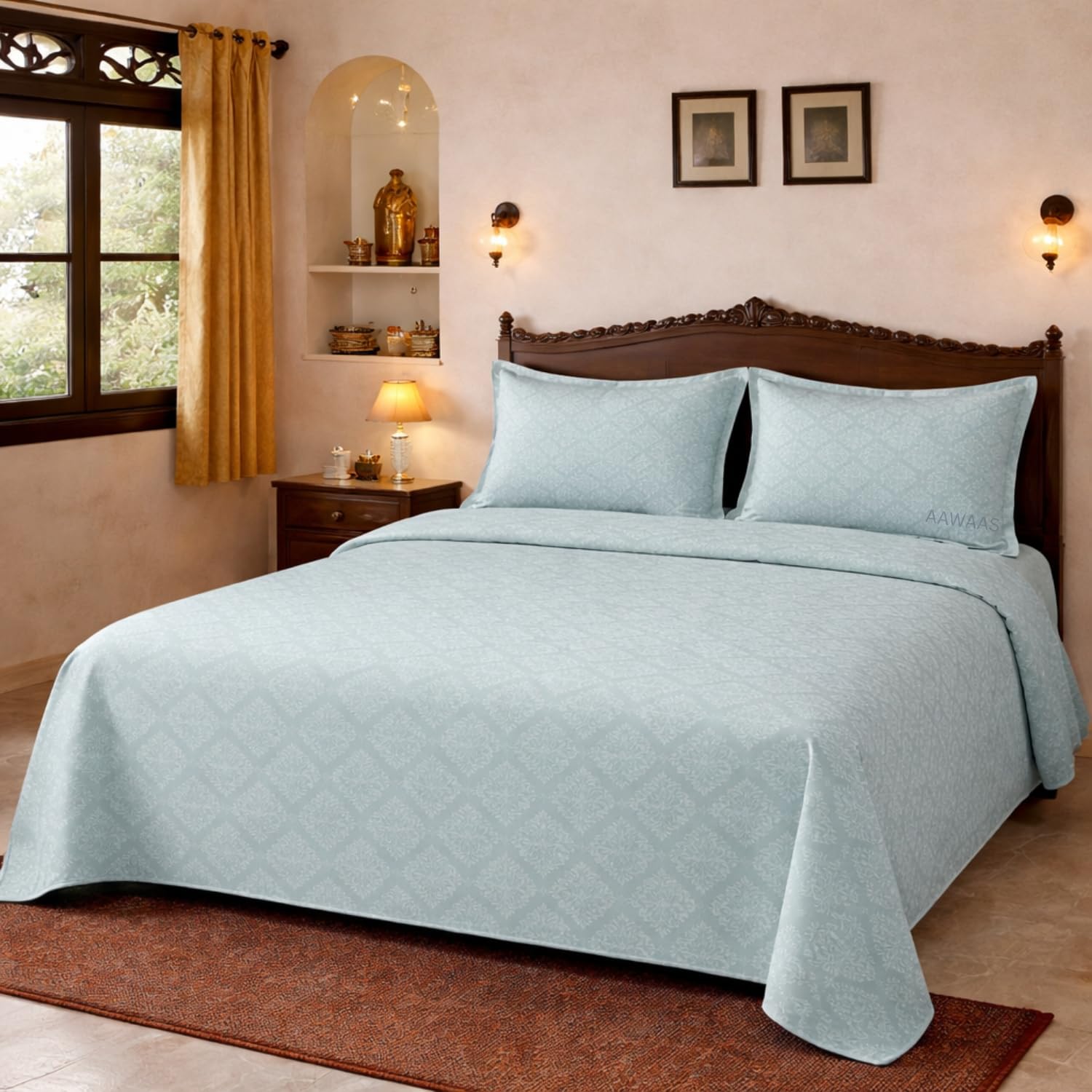 Premium 400 Thread Count Cotton King Size Printed Flat Bedsheet Set with 2 Pillow Covers, 90x100 Inches – Soft Luxury Double Bed Linen (Sky, King)-image-33