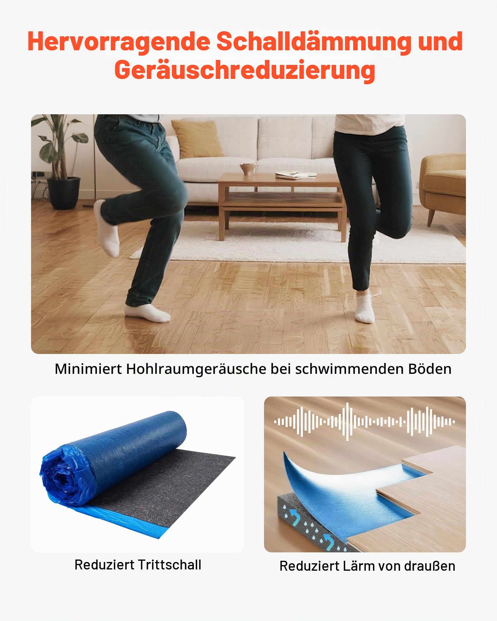 VEVOR Trittschalldämmung, 37,2 m², 3 mm Laminatbodenunterlage mit angebrachter Dampfsperre, Faser + PE-Folie, Schalldämmung & Geräuschreduzierung für Vinyl und Holz (2 Rollen x 18,6 m²)