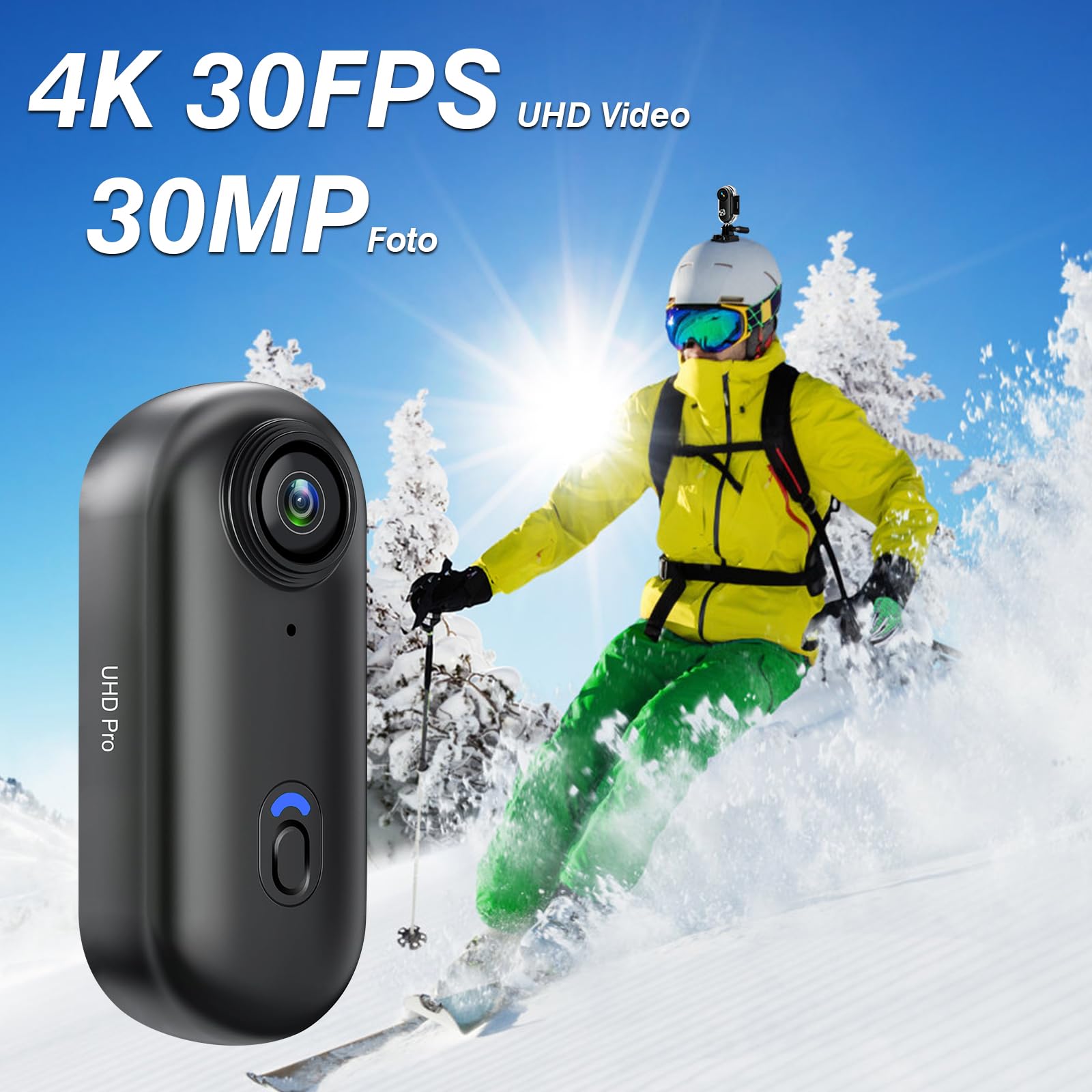 CYI Action Camera 4K Ultra HD con WiFi, Portatile Videocamera Sportiva Impermeabile 30m, Telecamera Casco Moto Con morsetti a 360°，120°Grandangolo, 150 Minuti per Moto/Ciclismo/Sci/Subacquea