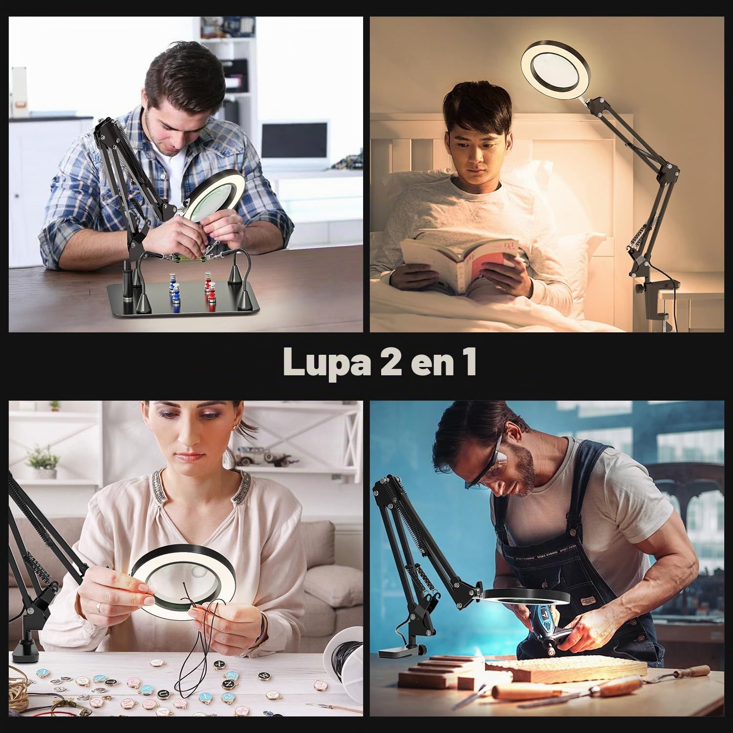 10X & 15X Lupa con Luz y Soporte, Manos de Ayuda Magnética con Lupa y Luz, Lámpara de Trabajo con Pinza y Modo de 3 Colores, Lámpara de Aumento para Manualidades, Soldaduras, Hobbies