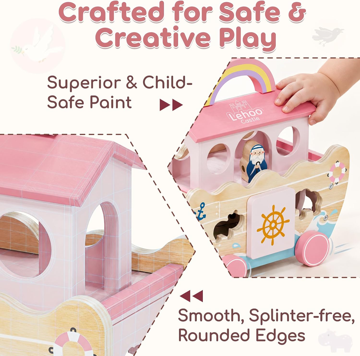 Lehoo Castle Pink Wooden Noah's Ark Toy for 1 Year Old Girl, Baptism Gift
