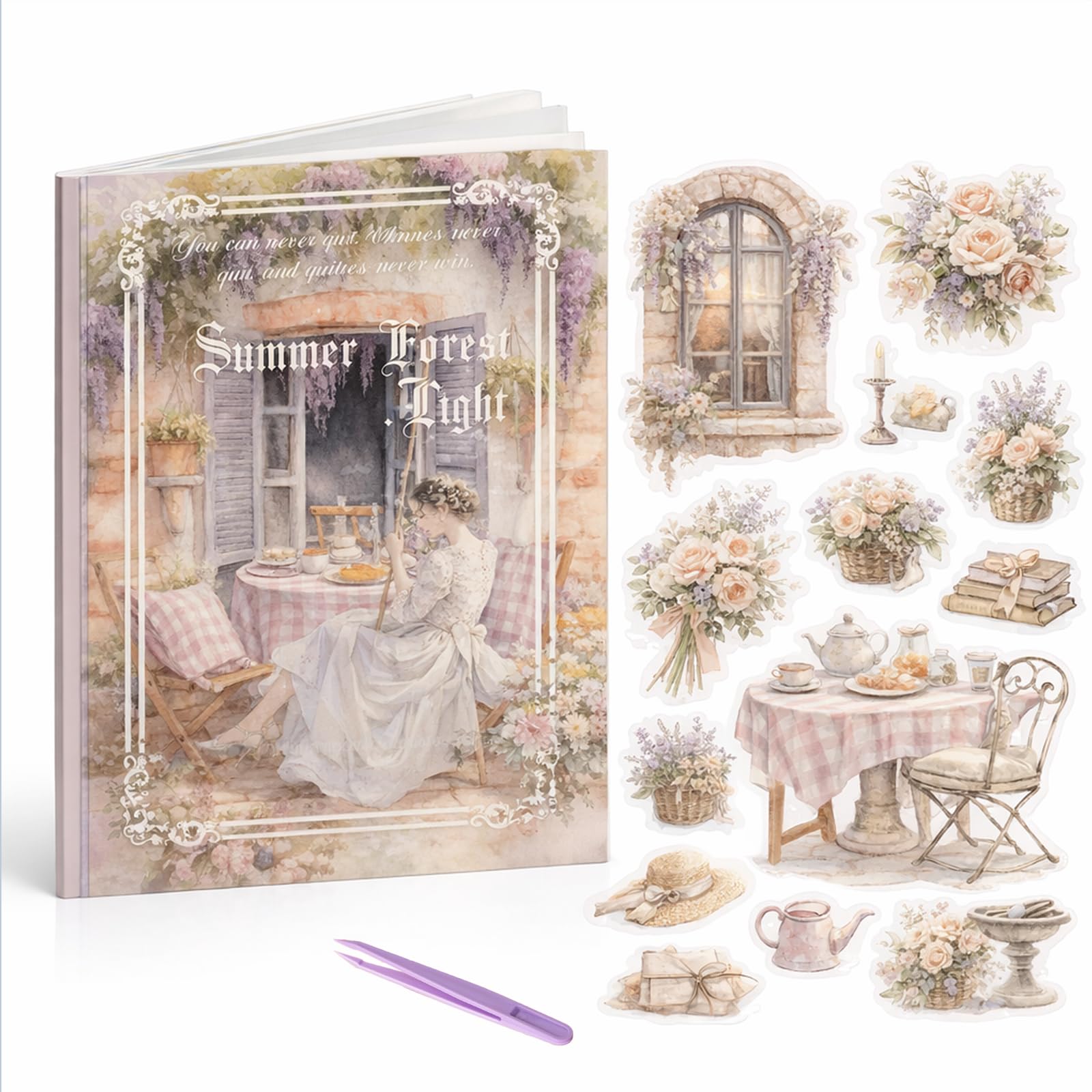Summer Forest Night Vintage PET Sticker Book, 20 Pages with 140+ Pre-Cut Waterproof Transparent Stickers for Scrapbooking and Journaling, Floral Decorative for Diaries, Albums and DIY Crafts