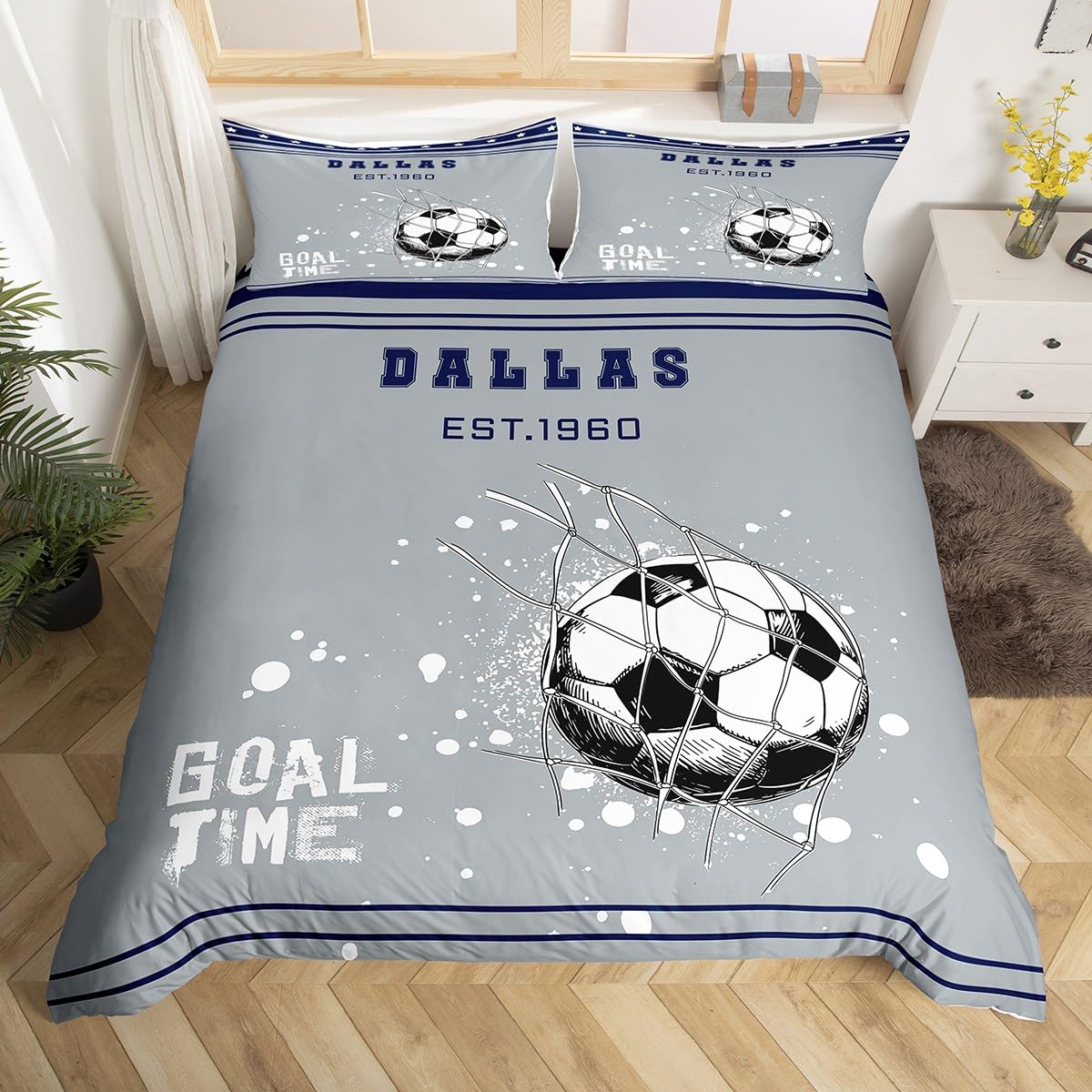 Homewish Soccer Goal King Size zestaw pościeli, futbol amerykański poszewka na kołdrę dla dzieci chłopców nastolatków sypialnia, gwiazdy w paski tele szara granatowa poszewka na kołdrę sportowa piłka