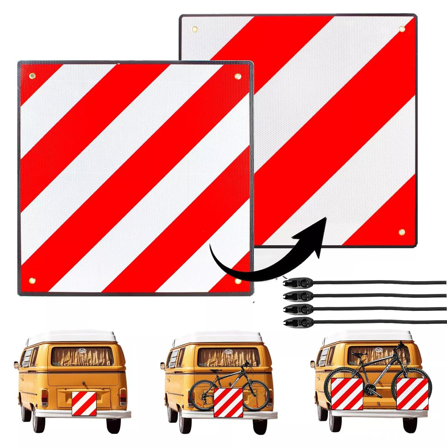 TEOV 3 in1 Warntafel für Italien UND Spanien + Portugal | 4X Spanngurte PVC, 50x50cm, Reflektierend | Für Fahrradträger/Heckträger, Wohnmobil