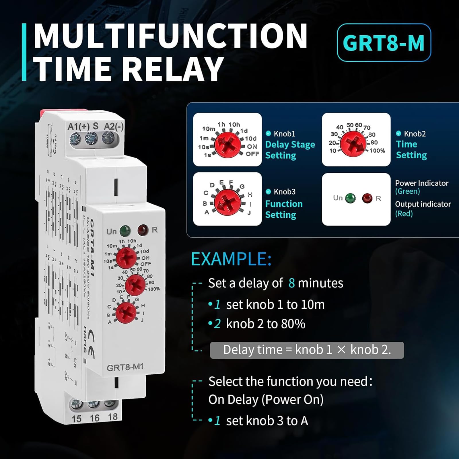 Relé de retardo de tiempo multifuncional, multifunción, montaje en carril DIN, diseños de gran voltaje de 12 V 240 V para control industrial