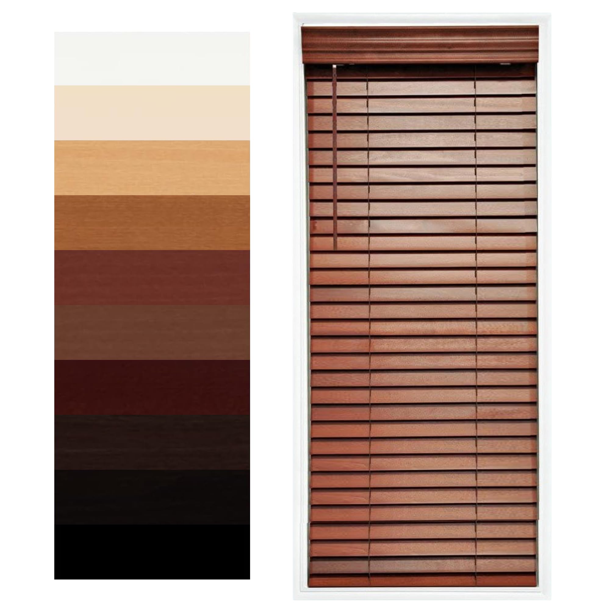 (Similar) TailorView Customizable Wood Horizontal Cordless Window Blinds - 2 Inch Slats - Rosewood, Outside or Inside Mount.