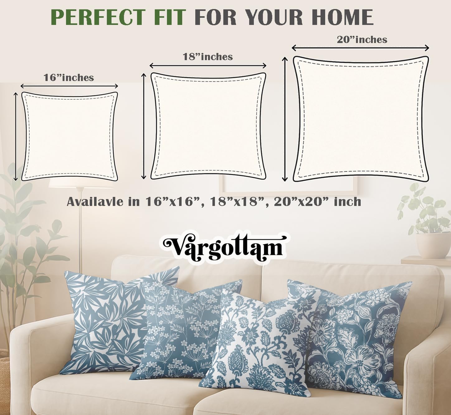 16x16 Inch Cushion Covers Set of 4 - Premium Cotton, Floral Print, Reversible Printed Pillow Covers with Concealed Zipper - Blue