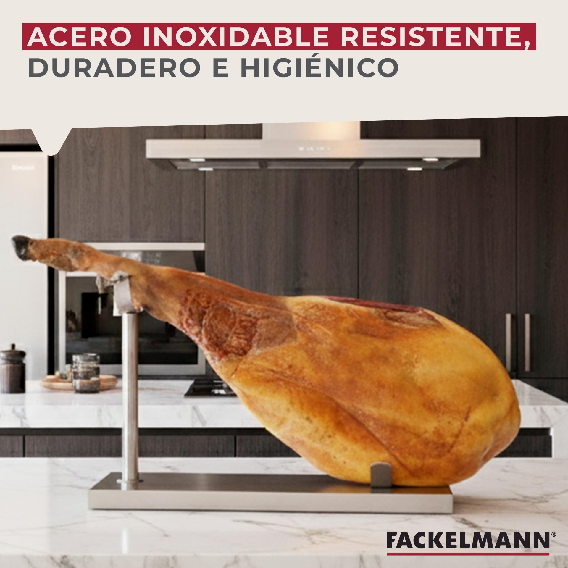 Fackelmann Set Soporte Jamonero Fijo Acero Inoxidable, 49x34 cm, Especial Jamones Grandes, Incluye Cuchillo Jamonero 34/34 cm y Chaira