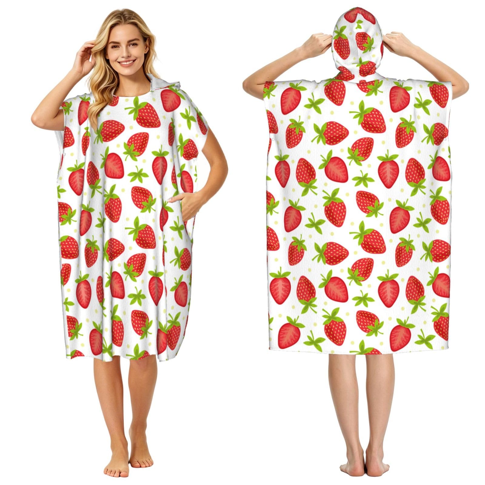 Poadnly Fruits Strawberries Strawberry Pattern, Adult Hooded Beach Towel 90 x 110 cm,Changing Bath Robe, Surf Poncho Towel For Women Men