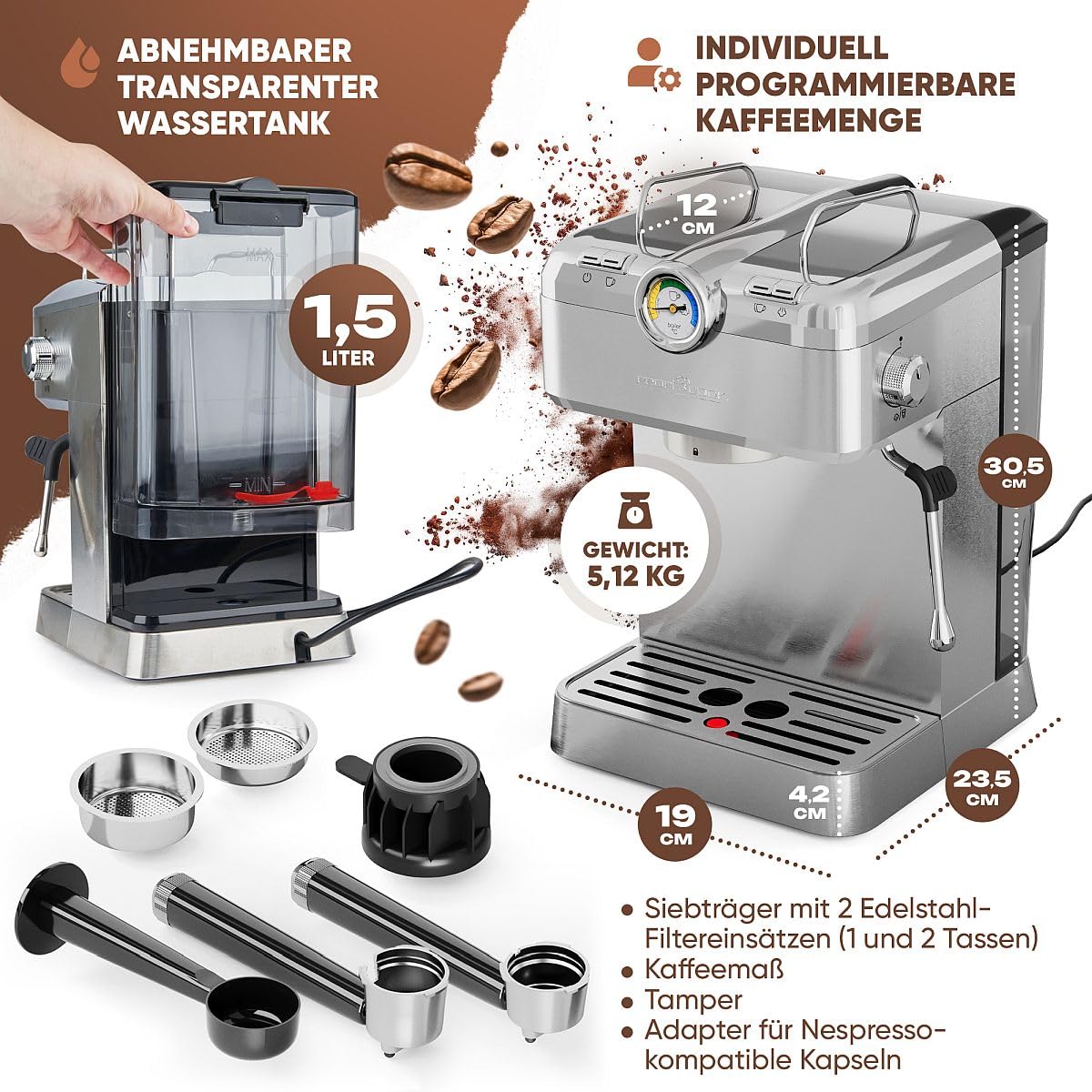 ProfiCook Espressomaschine | Espressoautomat inkl. Siebträger | italienische Profi-Espressopumpe 20 bar | für Kaffeepulver und Nespresso kompatible Kapseln | Kaffeemaschine Siebträger | PC ES 1267