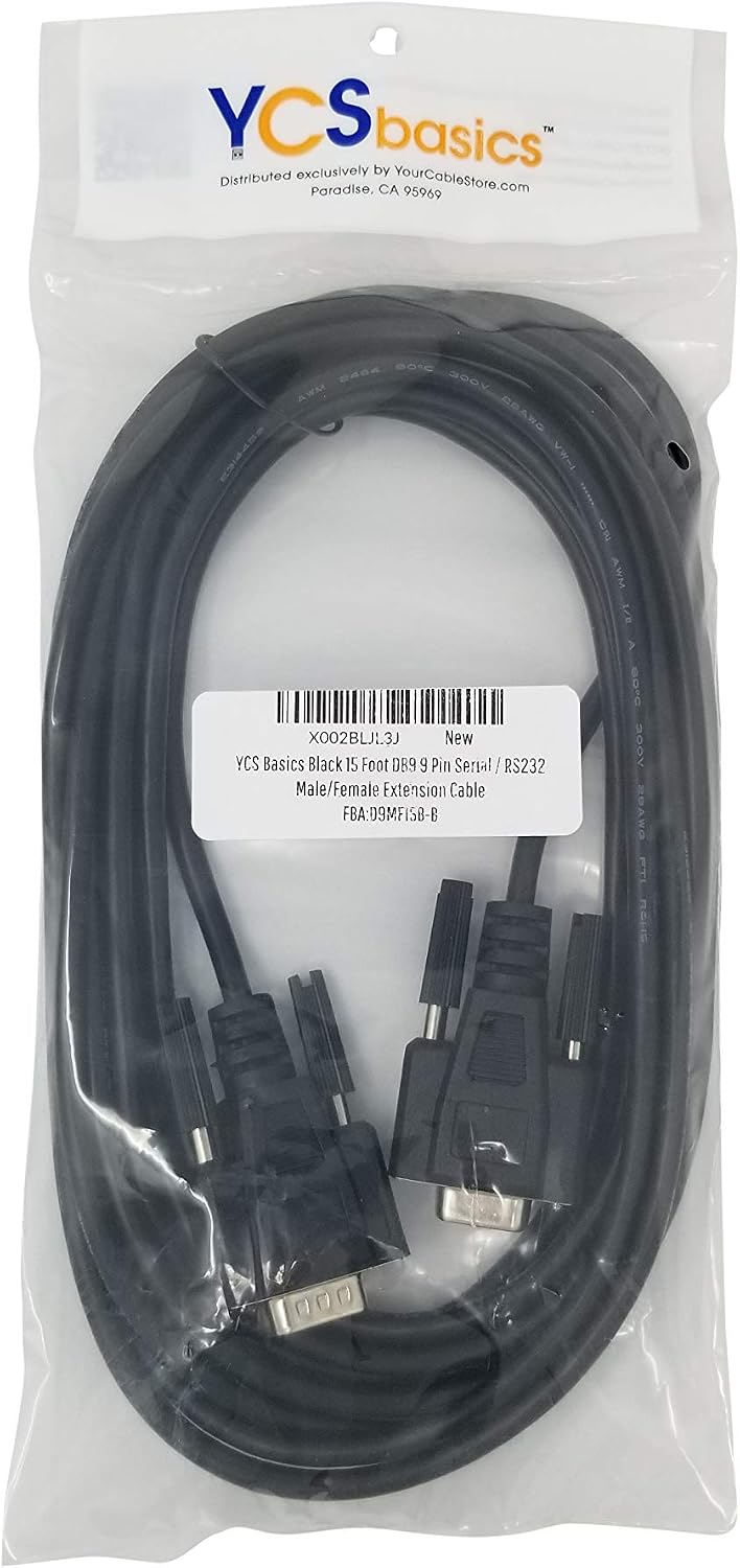 YCS basics Black DB9 9 Pin Serial / RS232 Male/Female Extension Cable (15 Ft)
