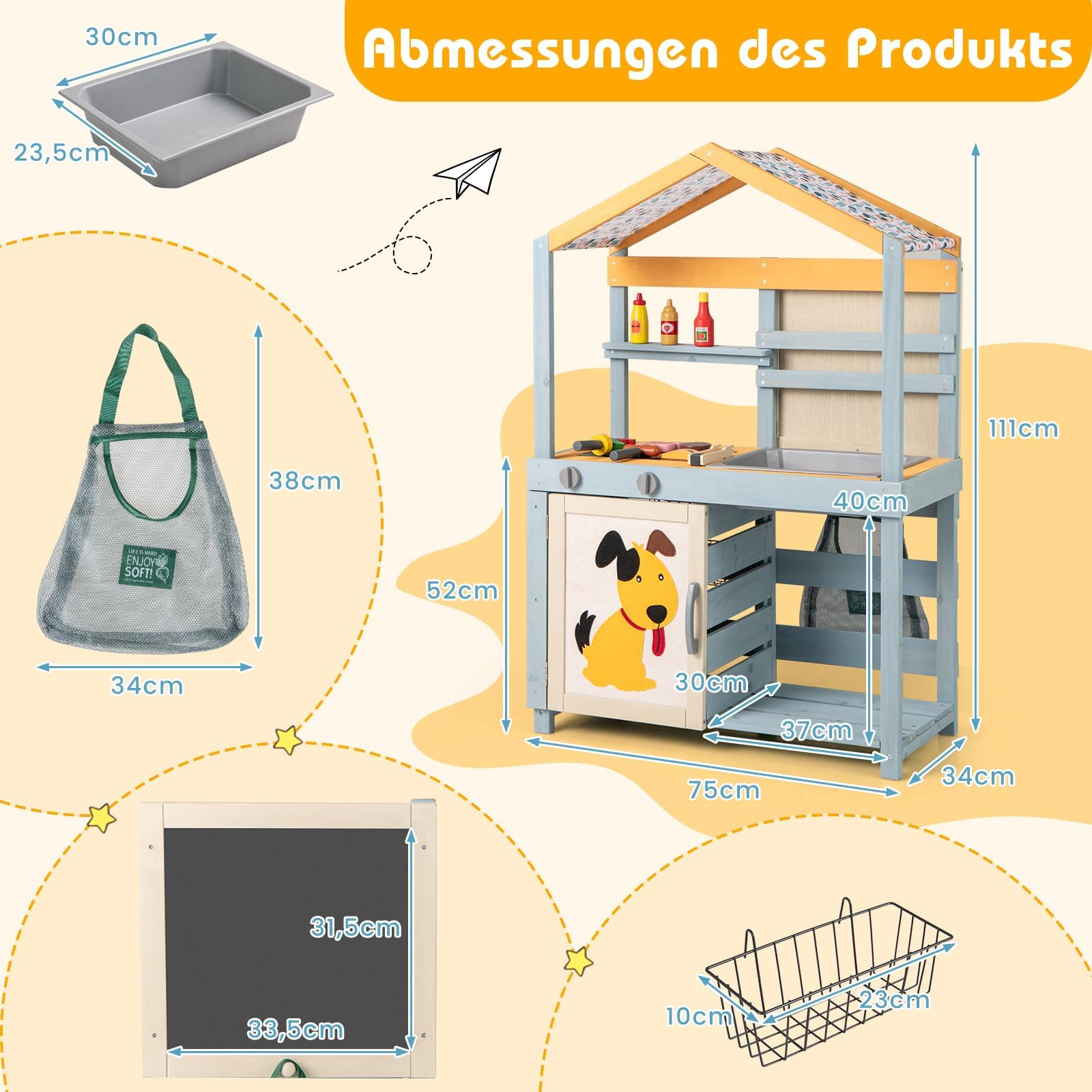 COSTWAY 2-IN-1 Matschküche Kinder Outdoor, Kinderküche Holz mit Tasche & Körben, Tafel & Zubehör, Spielküche mit ausnehmbarem Spülbecken, Outdoorküche für Kinder ab 3 Jahren