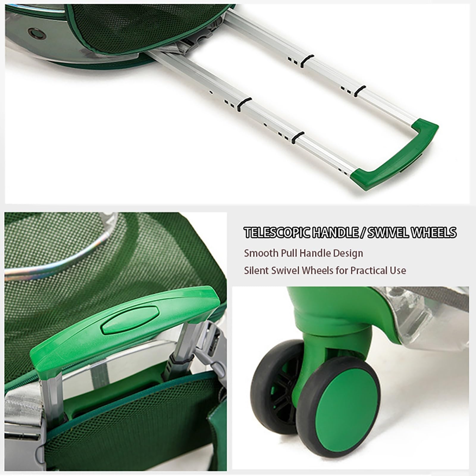 Trasportino per Gatti con Ruote – Zaino Trolley Rigido Trasparente e Traspirante per Gatti e Cani fino a 10 kg, Ruote Silenziose a 360°, Spallacci Rimovibili e Schienale Ventilato(Green)